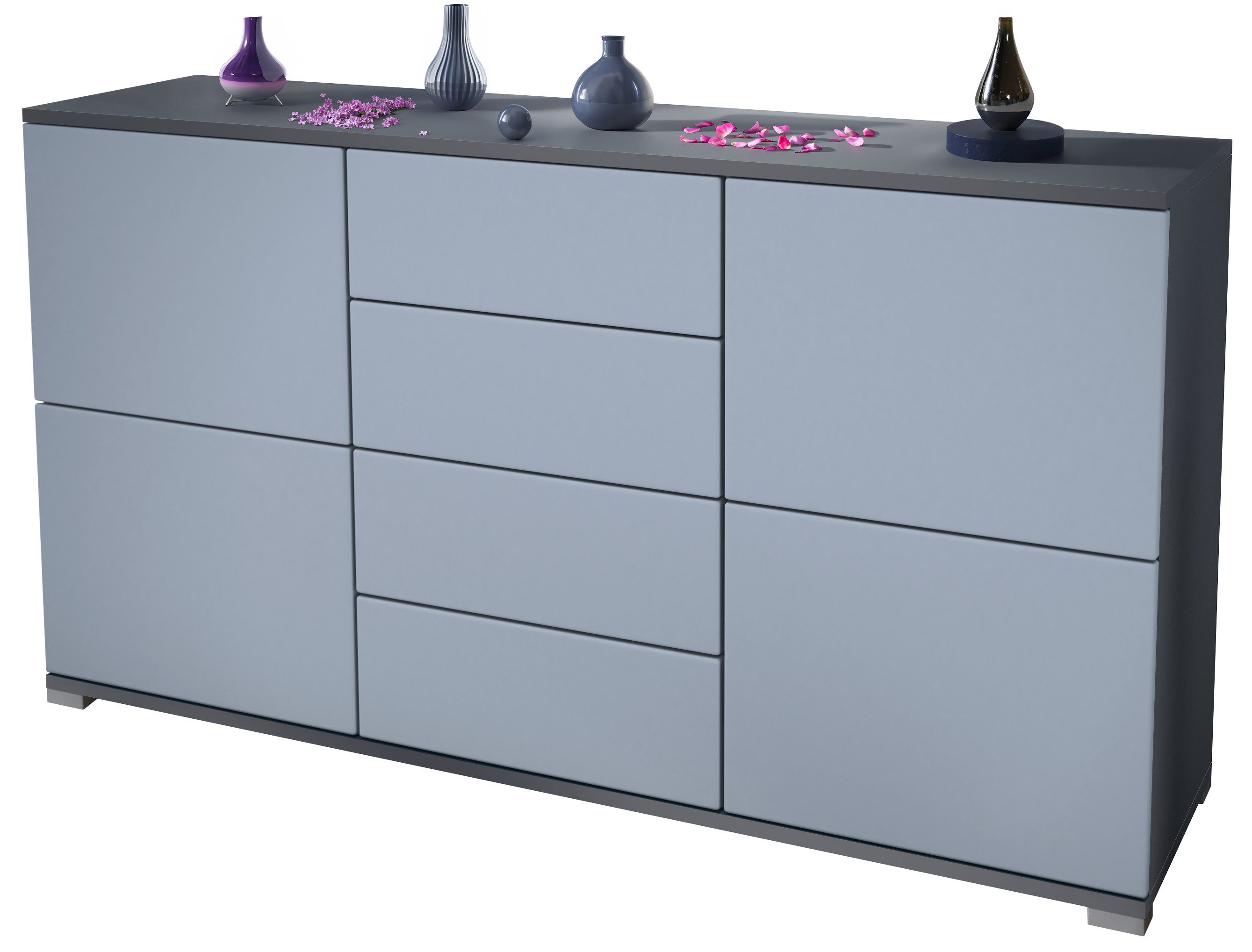 Vladon Sideboard Rova V1 (Kommode mit 4 Türen, 4 Schubladen, Made in Germany), Anthrazit matt/Denim matt (138,5 x 75,5 x 35)
