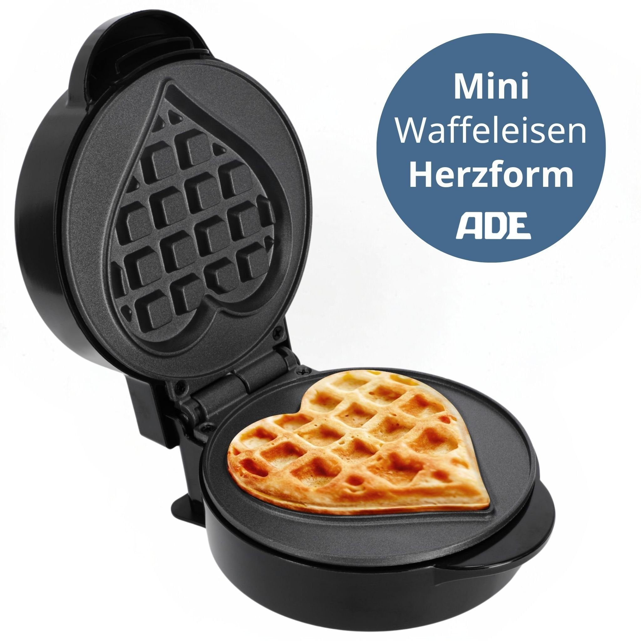 ADE Waffeleisen Mini Herzform oder runde Form für klassische belgische Waffeln, kleiner Waffelmaker mit Antihaftbeschichtung, Geburtstag, Valentinstag