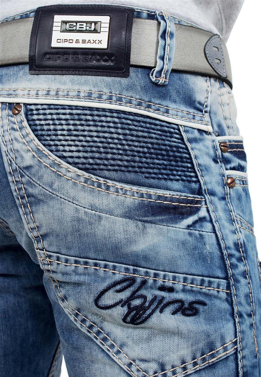 Cipo & Baxx Regular-fit-Jeans Herren Regular Fit Hose Stonewashed BA-C1150 (1-tlg) mit auffälligen Verzierungen und dicke Kontrastnähte
