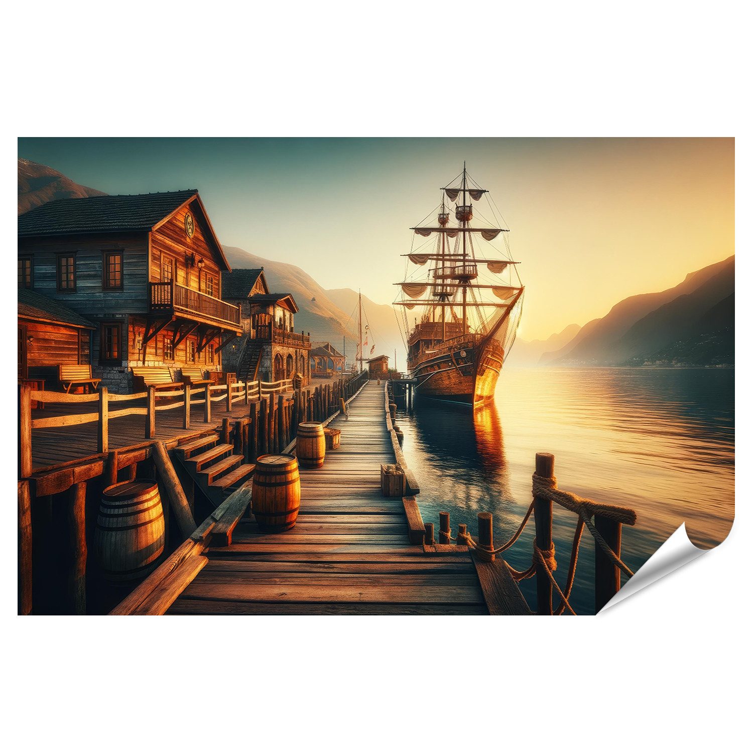 Poster Historischer Hafen bei Sonnenuntergang mit Segelschiff