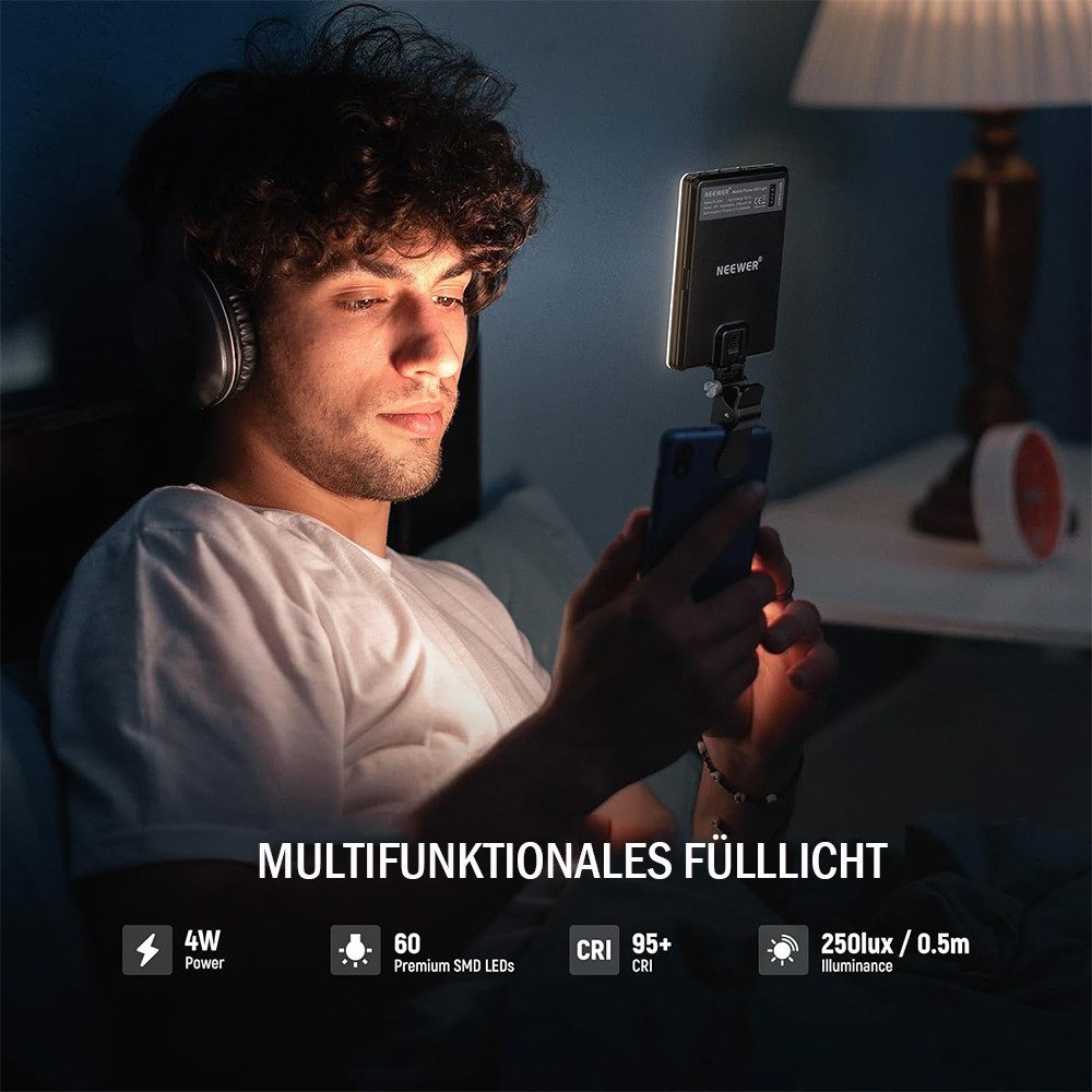TUWENA Videoleuchte Clip On Selfie Licht, 60 LED Videolicht, Wiederaufladbares Panel-Licht, 3 Lichtmodi und 10 Helligkeit für Phone, iPhone, Android, iPad, Lapt – Bild 5 von 5