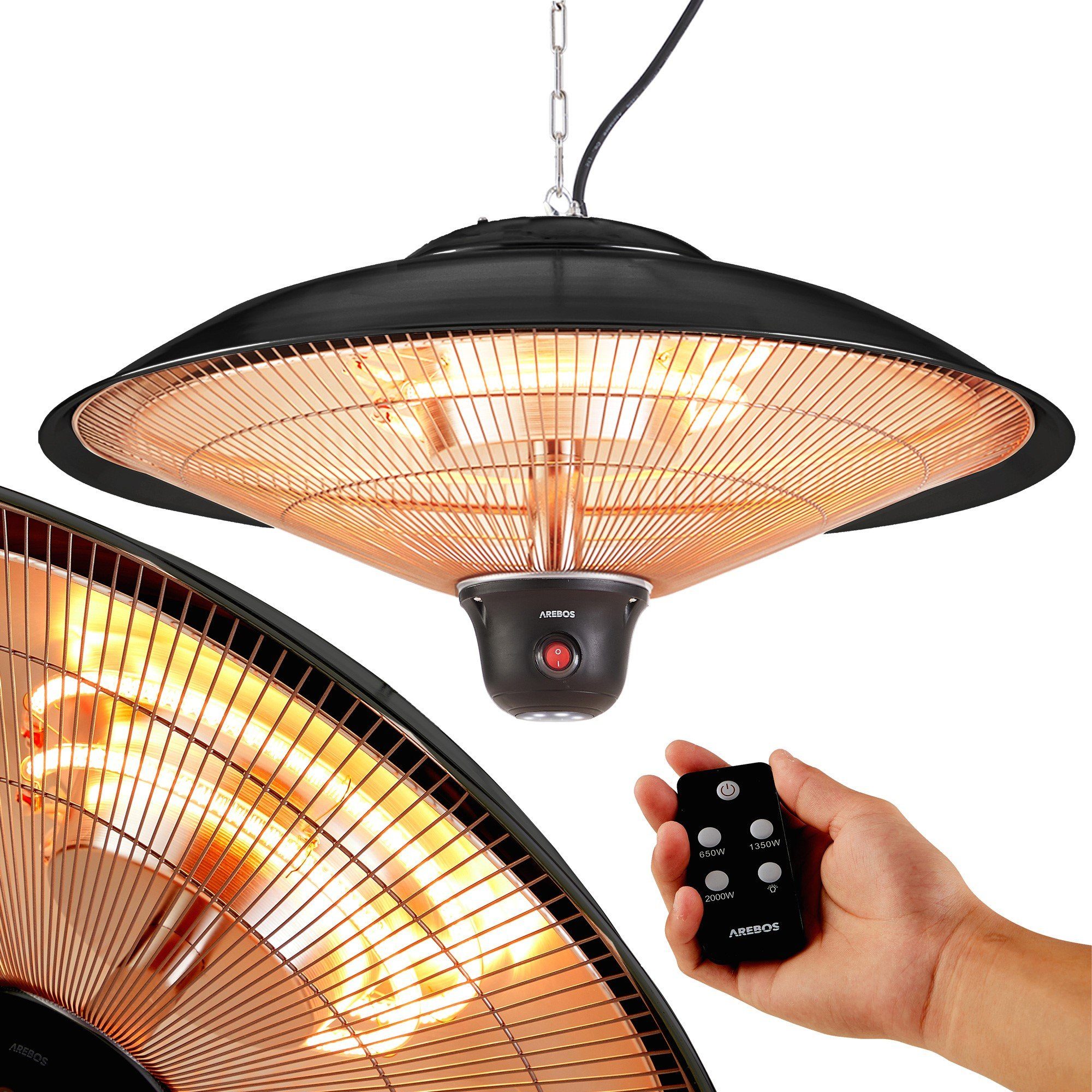 LED-Lampe inkl. Deckenheizstrahler, Fernbedienung + W, 2.000 schwarz Arebos Infrarotstrahler