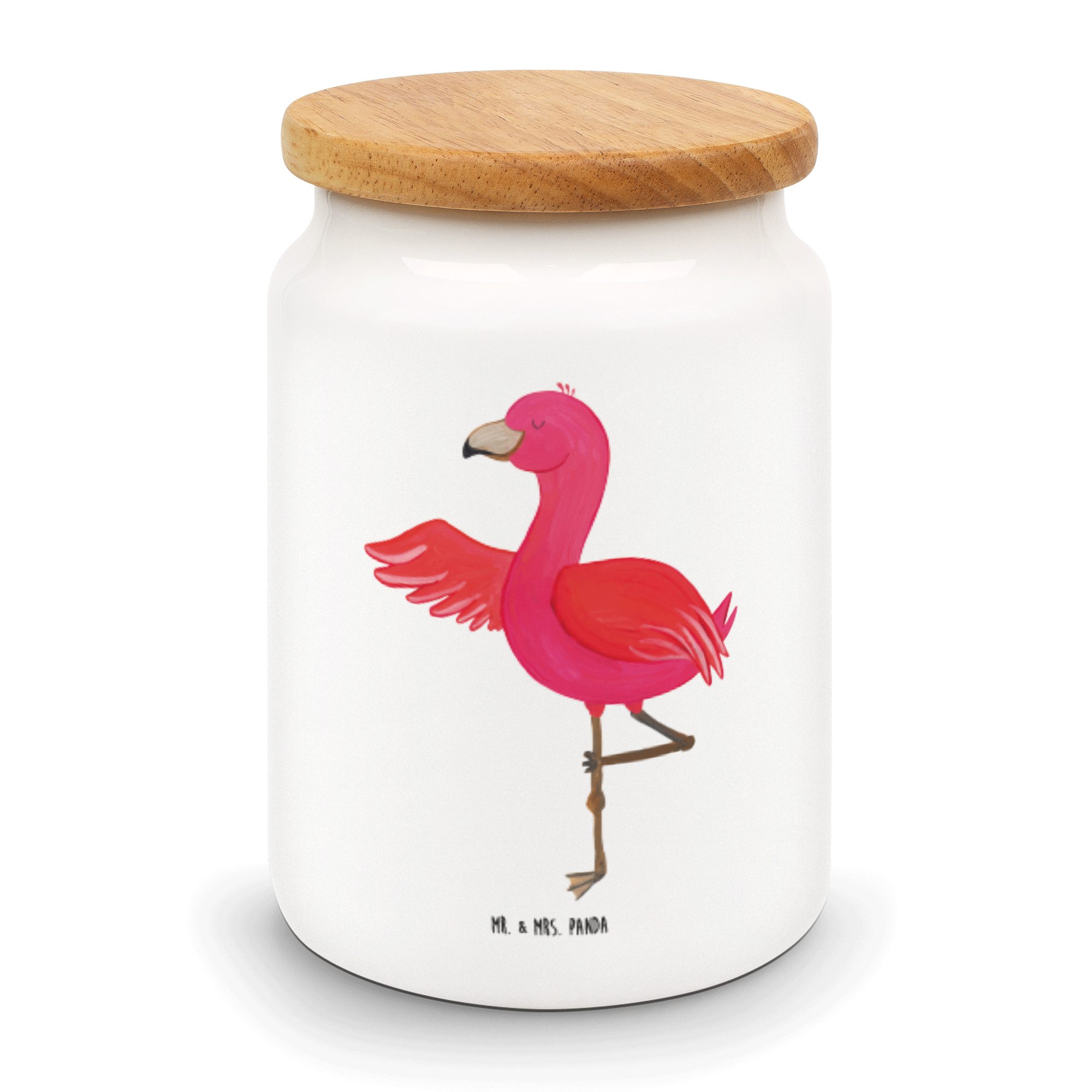 Mr. & Mrs. Panda Vorratsdose Flamingo Yoga - Weiß - Geschenk, Dose, Entspannung, Vorratsdose, Yogi, Keramik, (1-tlg)