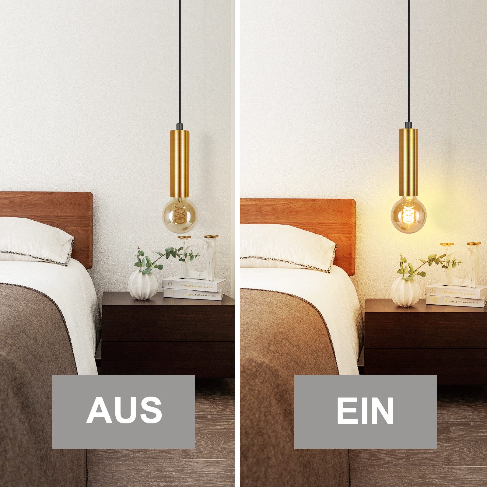 Nettlife Hängeleuchte Gold 1 Flammig Esszimmerlampe E27 Metall Industrial Pendelleuchte, Höhenverstellbar, ohne Leuchtmittel, Bettlampe Nachttisch Hängend Küche – Bild 5 von 5
