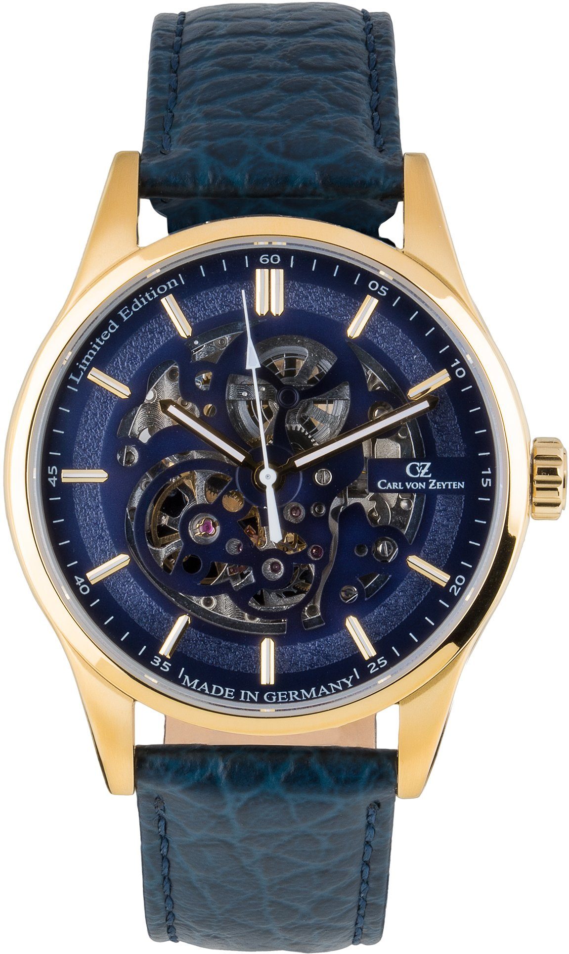 Carl von Zeyten Automatikuhr Alpirsbach, CVZ0076GBLS, Armbanduhr, Herrenuhr, Skelettuhr, Made in Germany, Mechanische Uhr