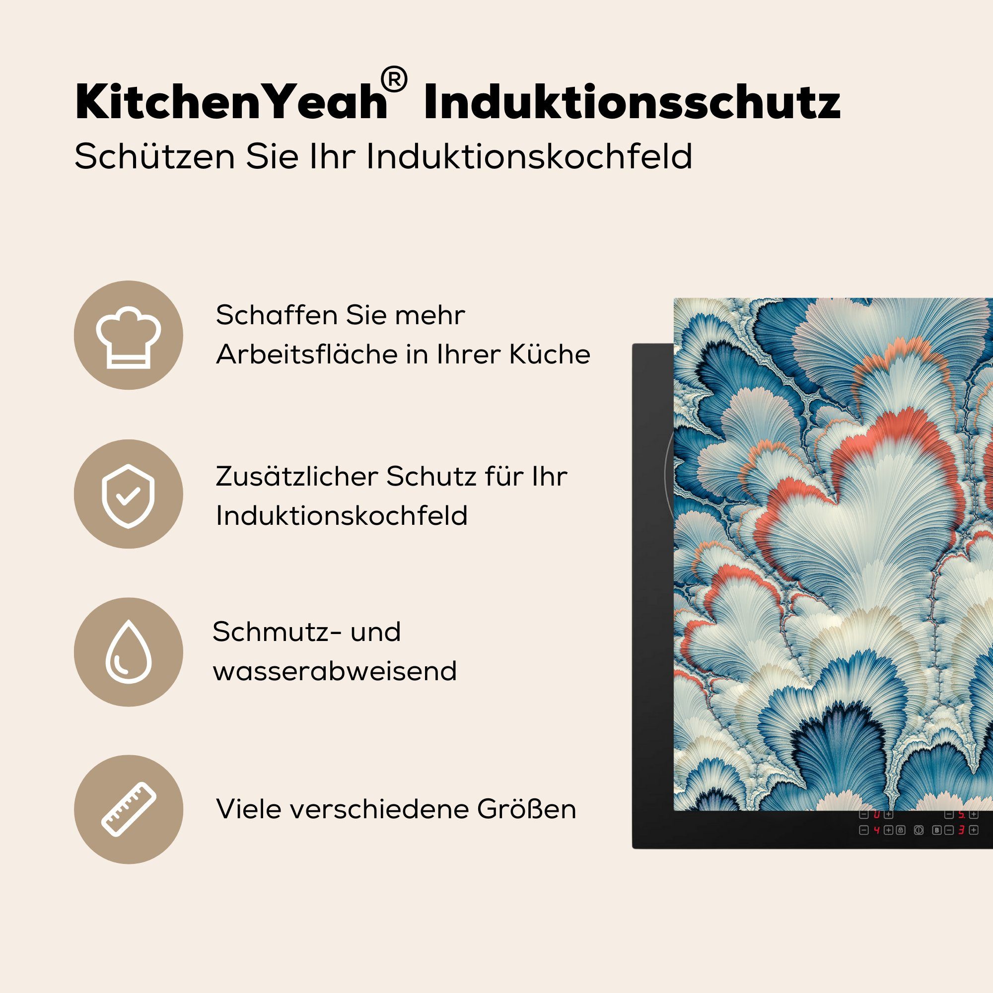 für küche, die cm, 71x52 Induktionskochfeld Ceranfeldabdeckung Herdblende-/Abdeckplatte weiß-blaues Schutz (1 Blumenmuster, tlg), Ein MuchoWow Vinyl,