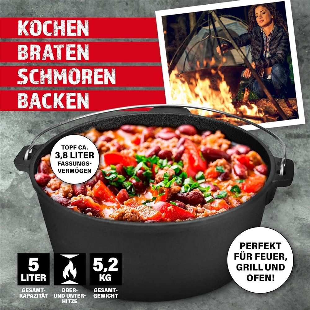 BBQ Boss Grilltopf Dutch Oven 5L Gusseisen Topf Schmortopf Feuertopf Gulaschkessel, Gleichmäßige Wärmeverteilung und lange Wärmespeicherung