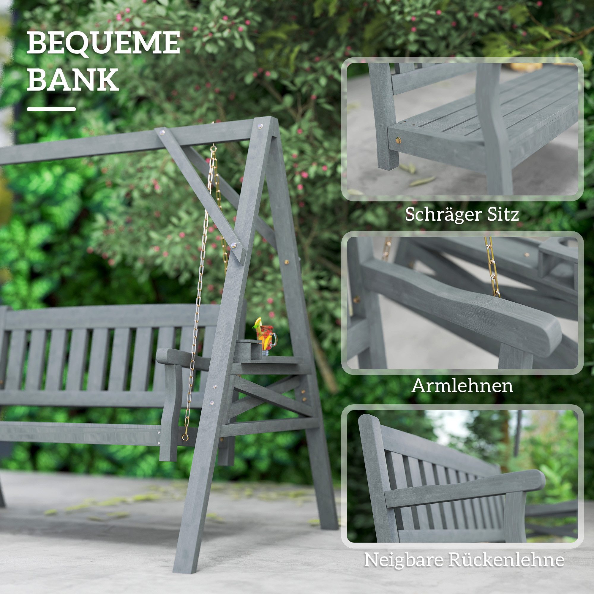 Outsunny Hollywoodschaukel Gartenschaukel aus Holz, Schaukelbank belastbar bis 250kg, 2-Sitzer, Schaukelfunktion, mit Ablage, Packung, 2 tlg., 2-teilig, mit Ket – Bild 5 von 5