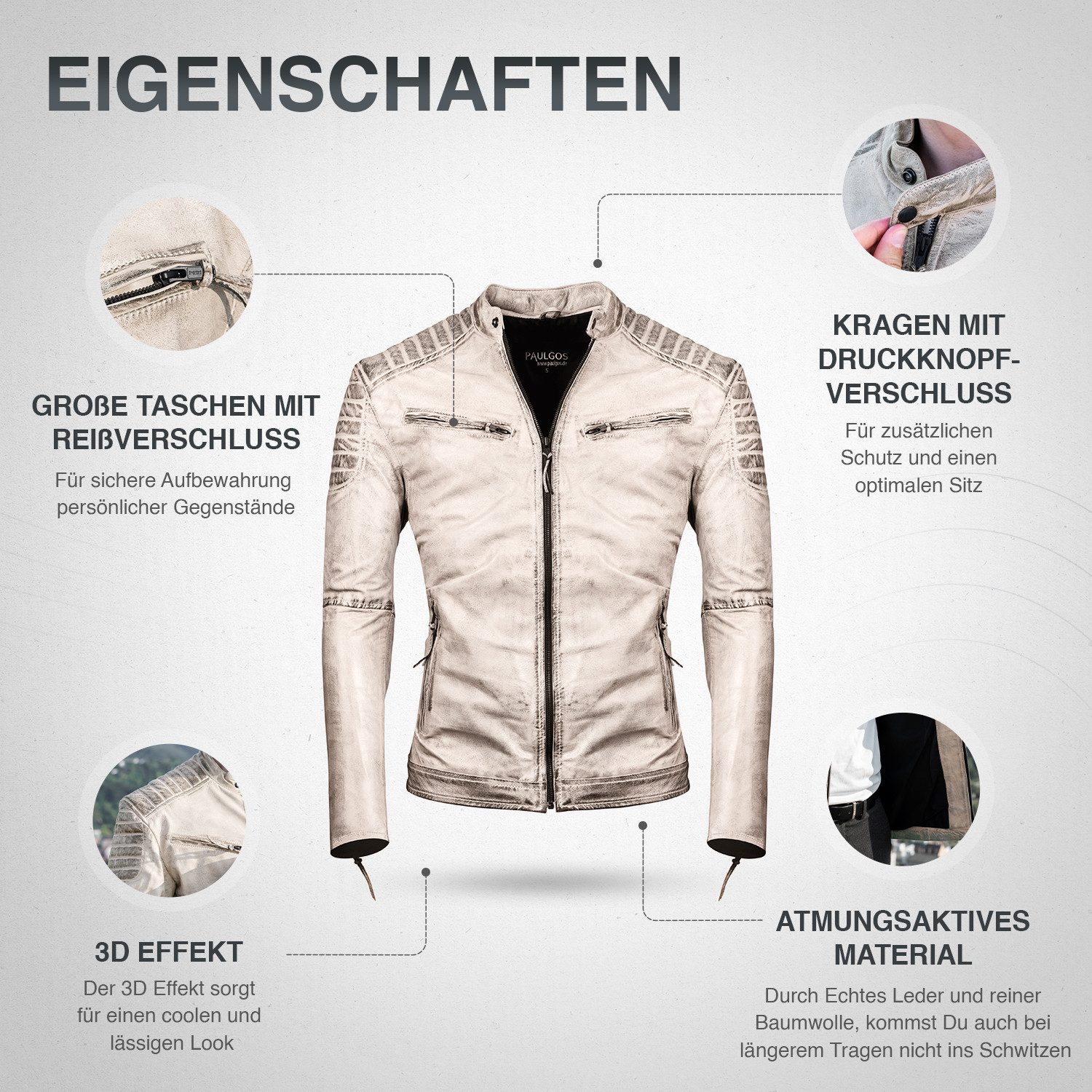PAULGOS Lederjacke Herren Jacke Übergangsjacke Biker Look 100% Echtleder D2 günstig online kaufen