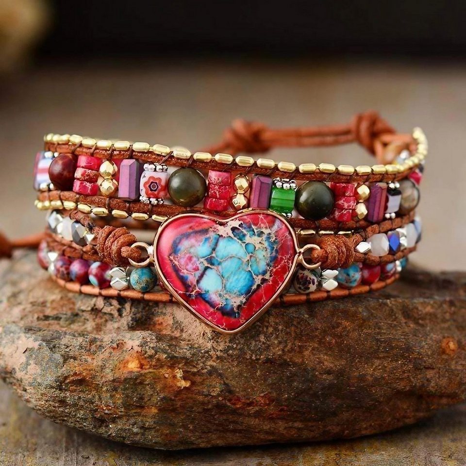 Khalee Samo Edelstein Lebhaftes Herzschutz Jaspis Wickelarmband Boho  Handgemacht, (Wickelarmband, 1-St., Heilstein Schmuck), Jaspis