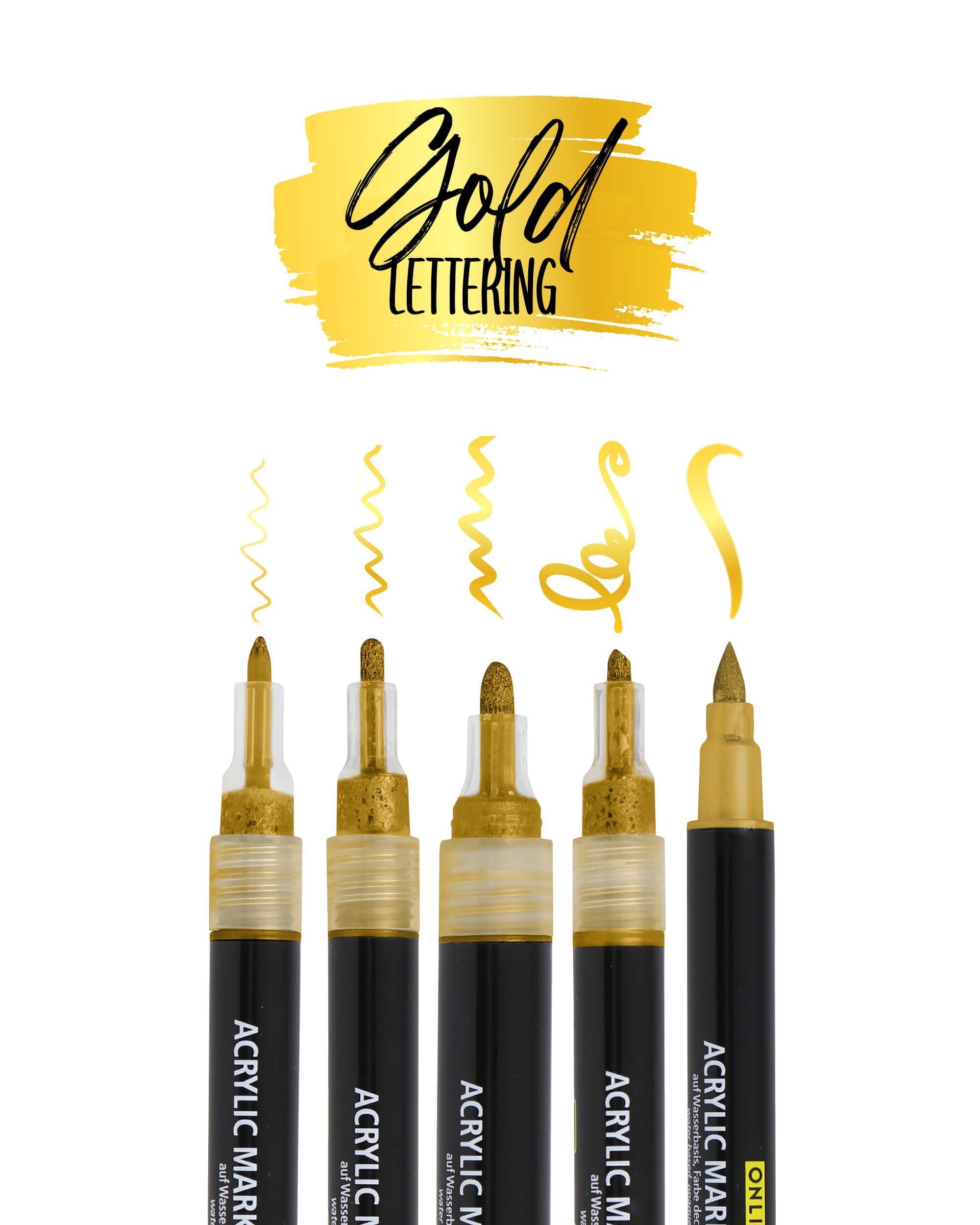 Online Pen Fineliner Gold Lettering, (5x goldene Metallic-Acryl-Stifte, deckend, Handlettering-Stifte mit verschiedenen Spitzen), Fineliner, Brushpen, Marker, Kalligrafie-Stift