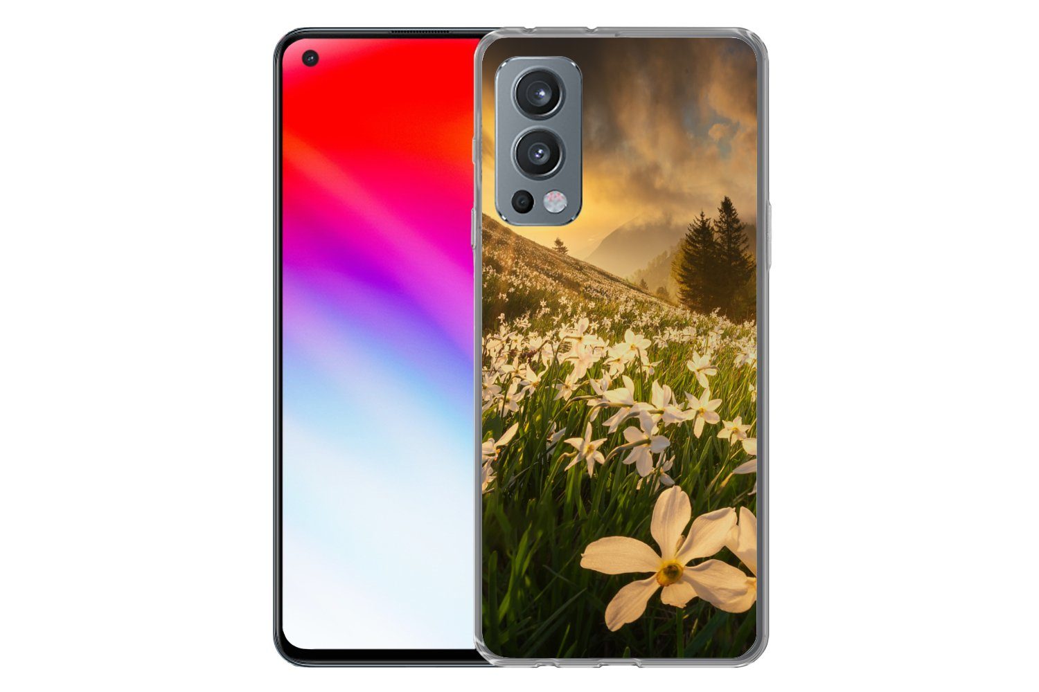 MuchoWow Handyhülle für OnePlus Nord 2 5G Blumenfeld - Hügel - Sonnenuntergang - Berg - Na, Phone Case, Silikon, Schutzhülle Dünn