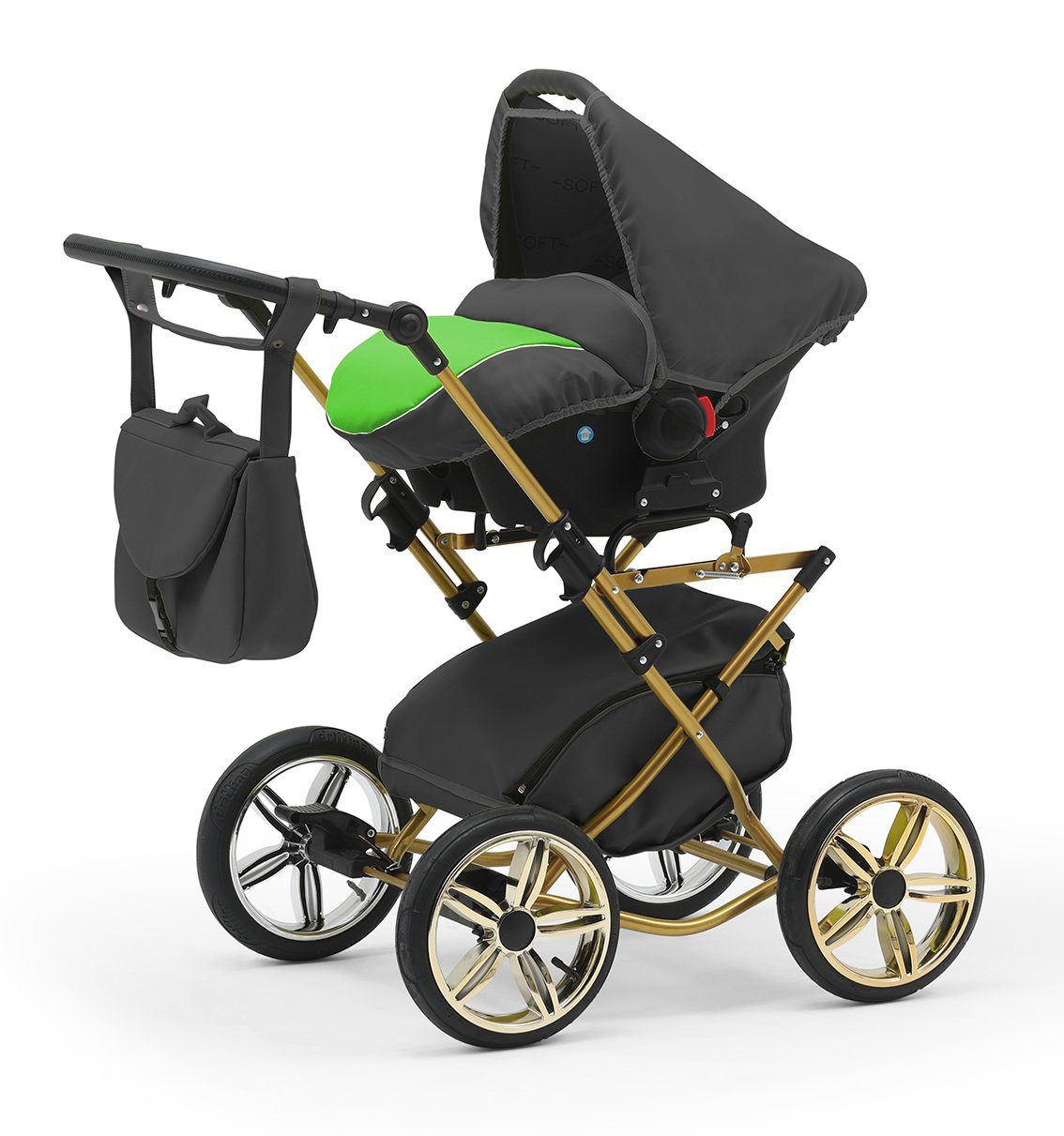 babies-on-wheels Kombi-Kinderwagen Sorento 4 in 14 und Teile 1 Grün-Grau Designs - inkl. Iso 10 in - Base Autositz