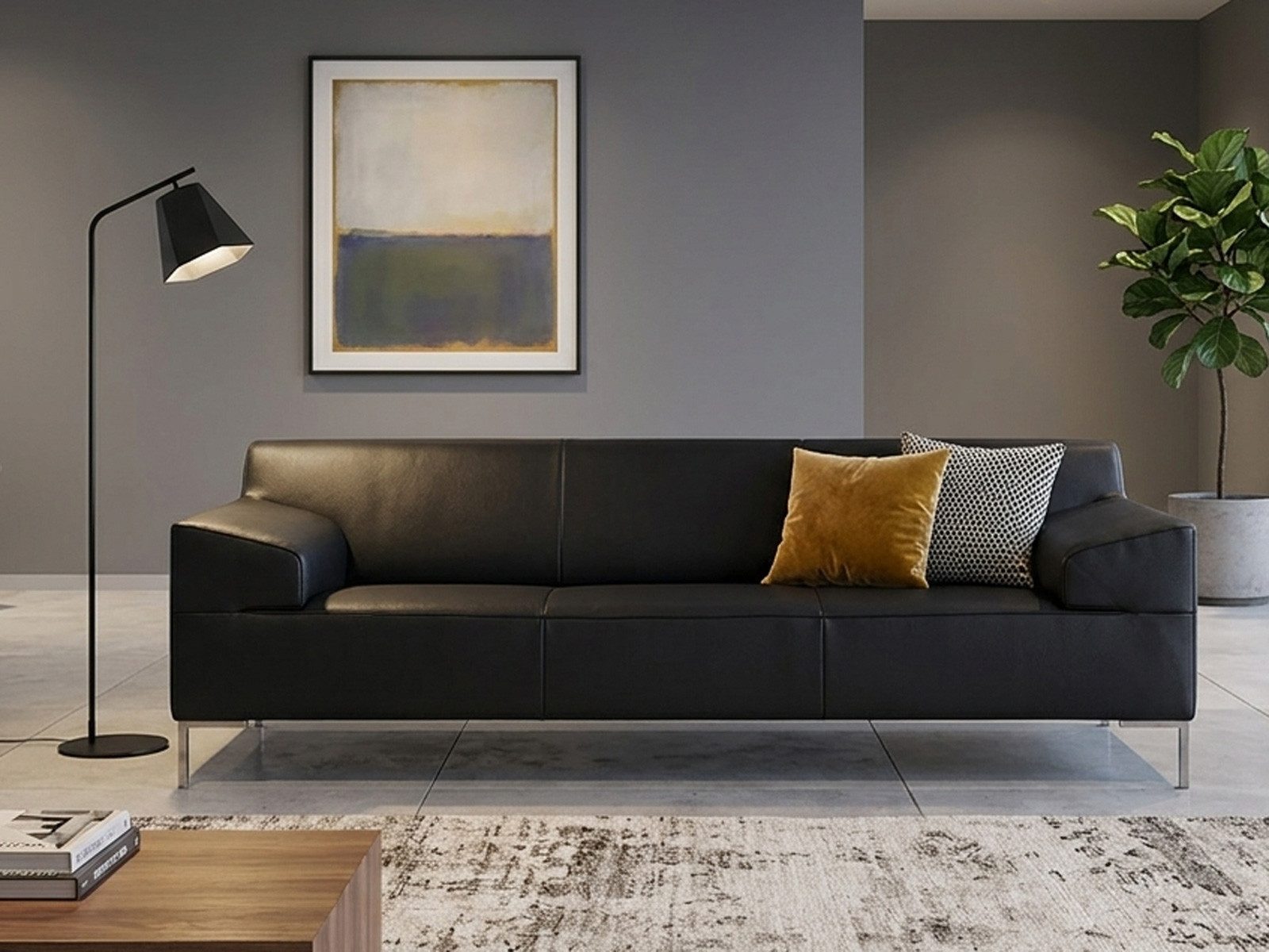 freistil ROLF BENZ Sofa ROLF BENZ Sofa Freistil 180 Couch Leder schwarz 220 cm Fuß Glanzchrom