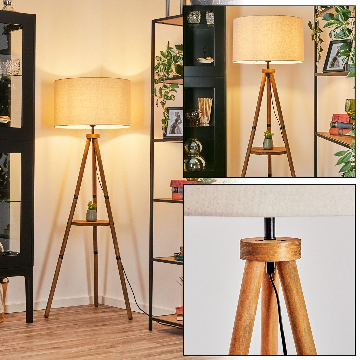 hofstein Stehlampe Stehlampe aus Holz/Metall im modernen Boho-Design, ohne Leuchtmittel, Stehleuchte mit Schirm aus Stoff und Fußschalter, Ø 50 cm, 153 cm, E27