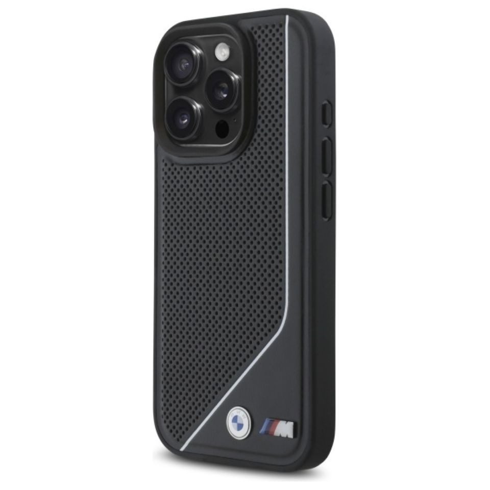 BMW Handyhülle iPhone 16 Pro Kunstleder schwarz MagSafe Logo Metall 6,3 Zoll, Kantenschutz