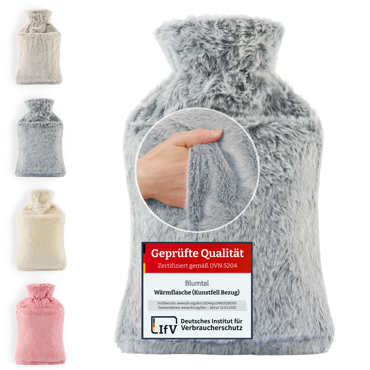 Blumtal Wärmflasche Premium Wärmflasche mit Bezug & Tasche aus weichem Kunstfell, (Auslaufsichere Flasche aus Naturkautschuk für Kinder und Erwachsene), Wärmeflasche aus Naturkautschuk und Handwärmer