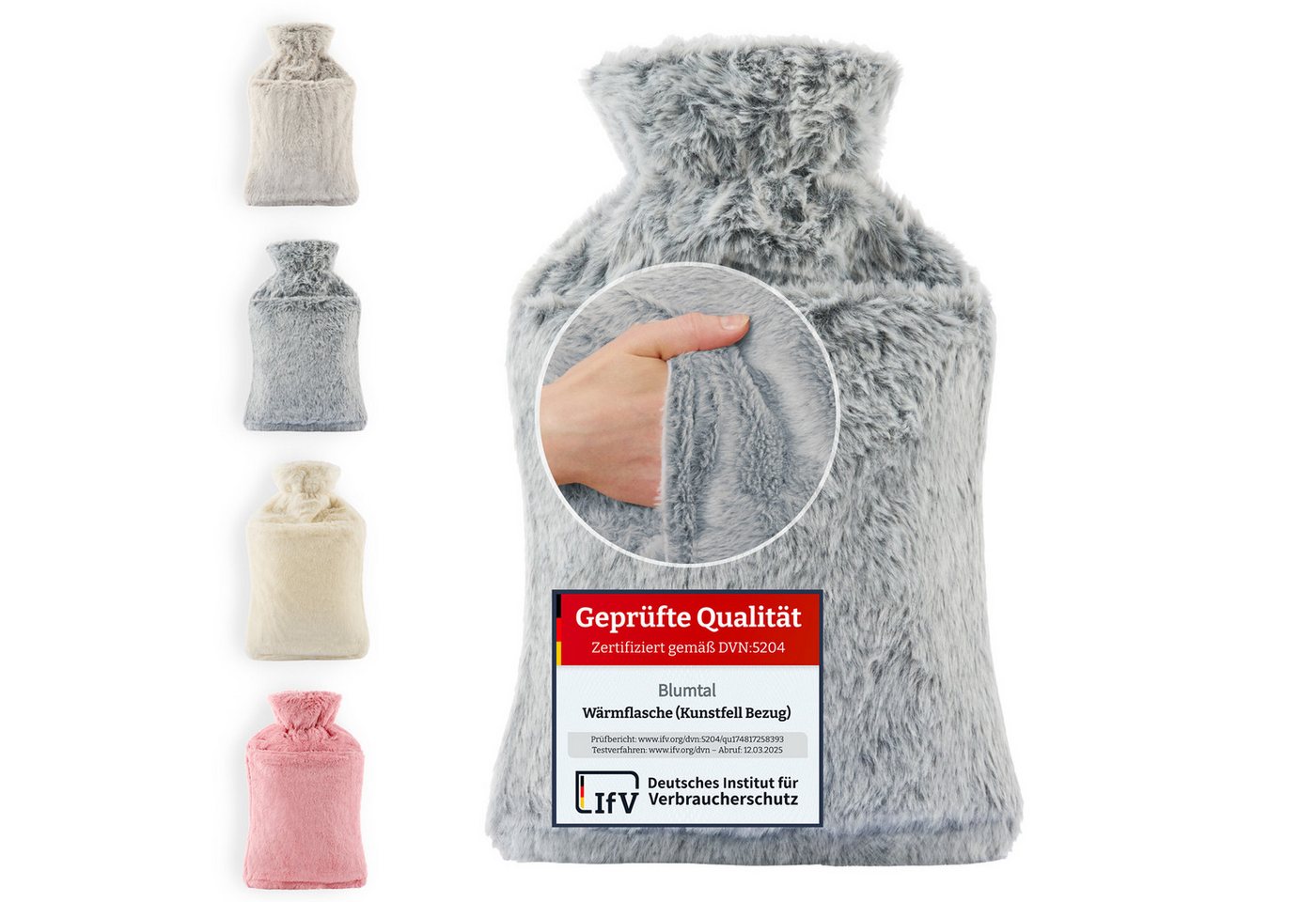 Blumtal Wärmflasche Premium Wärmflasche mit Bezug & Tasche aus weichem Kunstfell, (Auslaufsichere Flasche aus Naturkautschuk für Kinder und Erwachsene), Wärmeflasche aus Naturkautschuk und Handwärmer