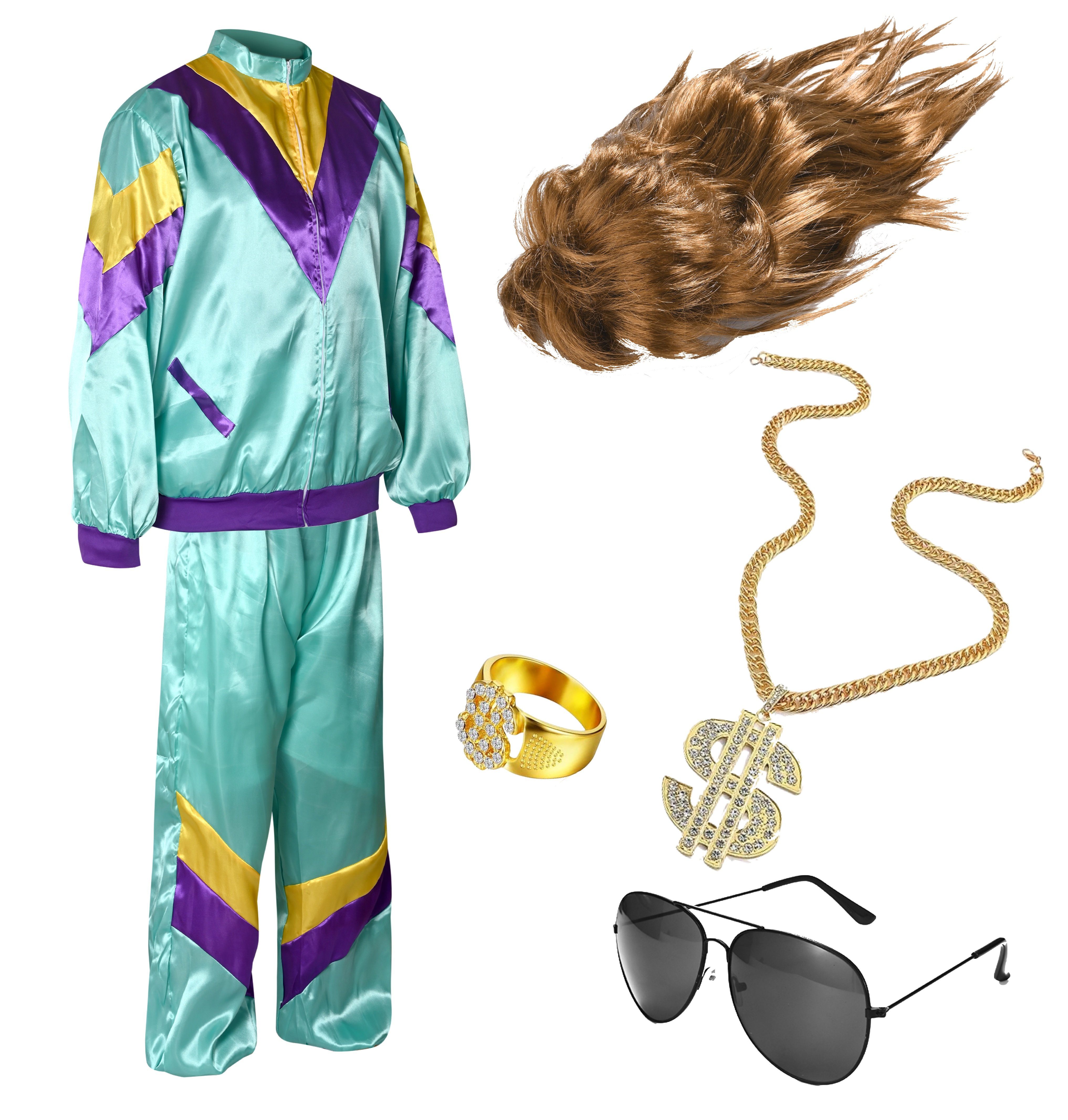 Kostümheld® Kostüm 6 in 1 Vokuhila Set Unisex Erwachsene 80er Outfit Retro Fasching L/XL, Unisex