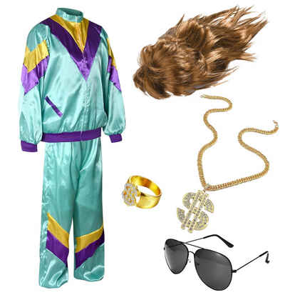 Kostümheld® Kostüm 6 in 1 Vokuhila Set mit Trainingsanzug, Perücke, Goldkette uvm