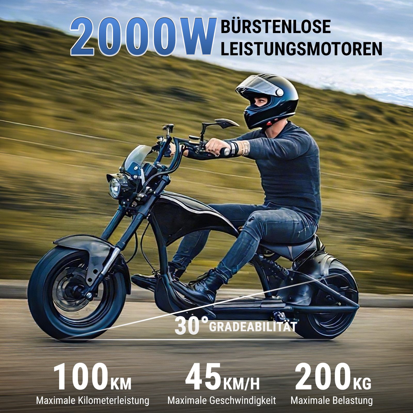 Vankel E-Scooter M1P 60V 2000W Motor 30AH 45km/h Up to 100km, 45 km/h, 100 km range, disc brakes, front and rear shock absorbers