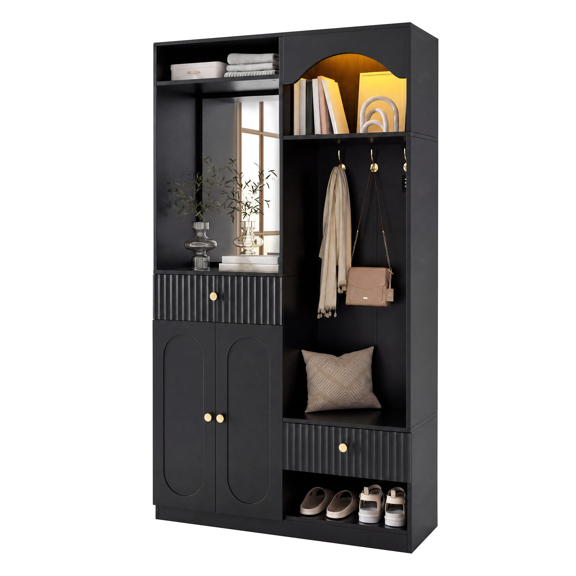 Ulife Kompaktgarderobe mit Spiegel und Sitzbank,Flurgarderobe mit Schuhschrank und Haken (2-St)