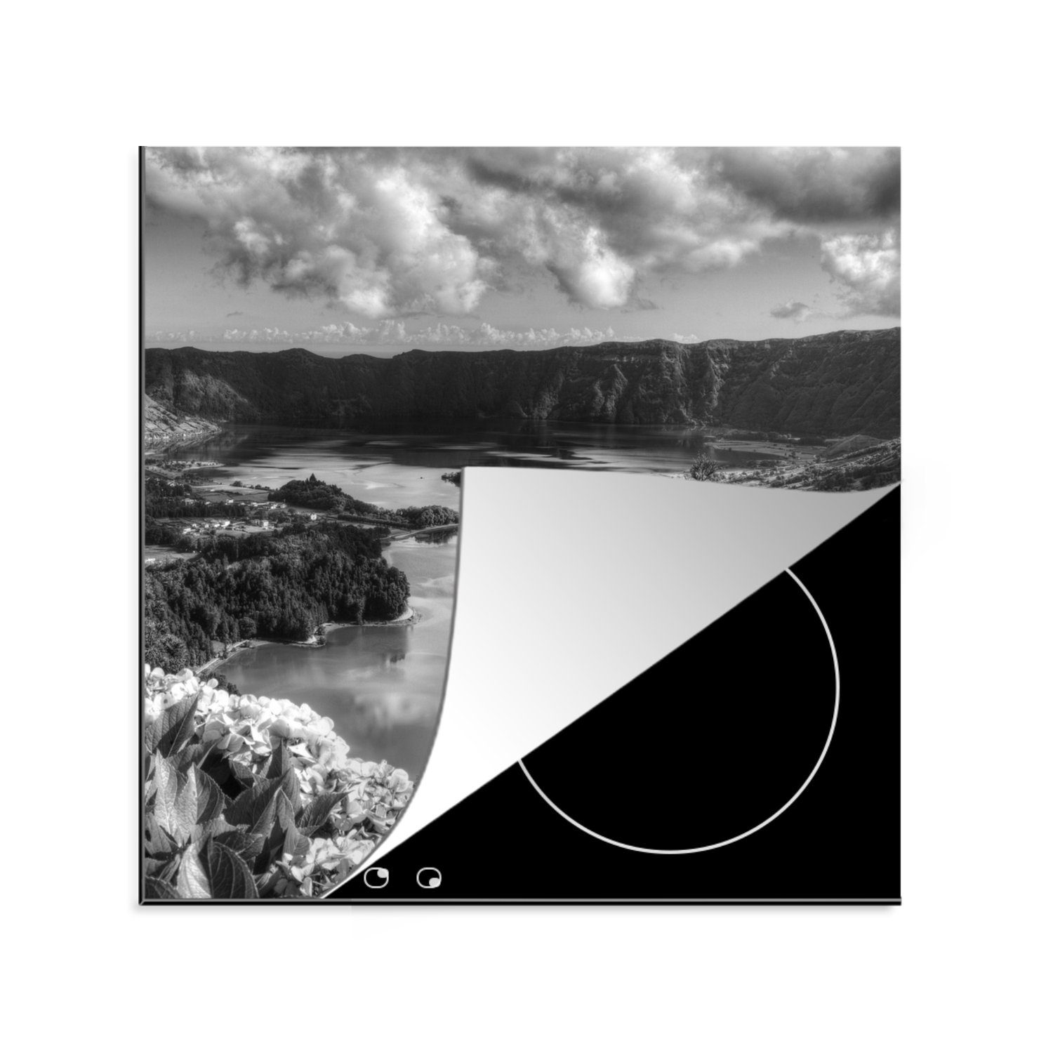 MuchoWow Herdblende-/Abdeckplatte Azoren - Natur - Wasser - Schwarz - Weiß, Vinyl, (1 tlg), 78x78 cm, Ceranfeldabdeckung, Arbeitsplatte für küche