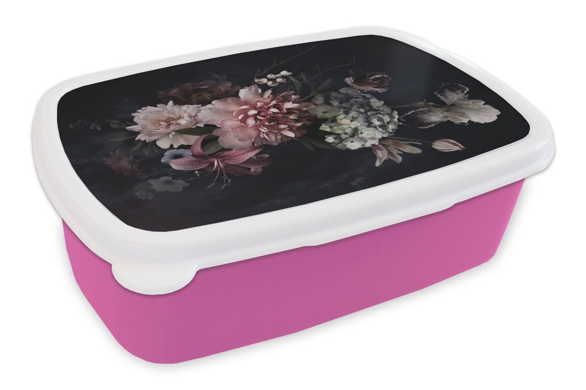 MuchoWow Lunchbox Blumen - Vintage - Pastell - Schwarz - Blumenstrauß, Kunststoff, (2-tlg), Brotbox für Erwachsene, Brotdose Kinder, Snackbox, Mädchen, Kunststoff rosa