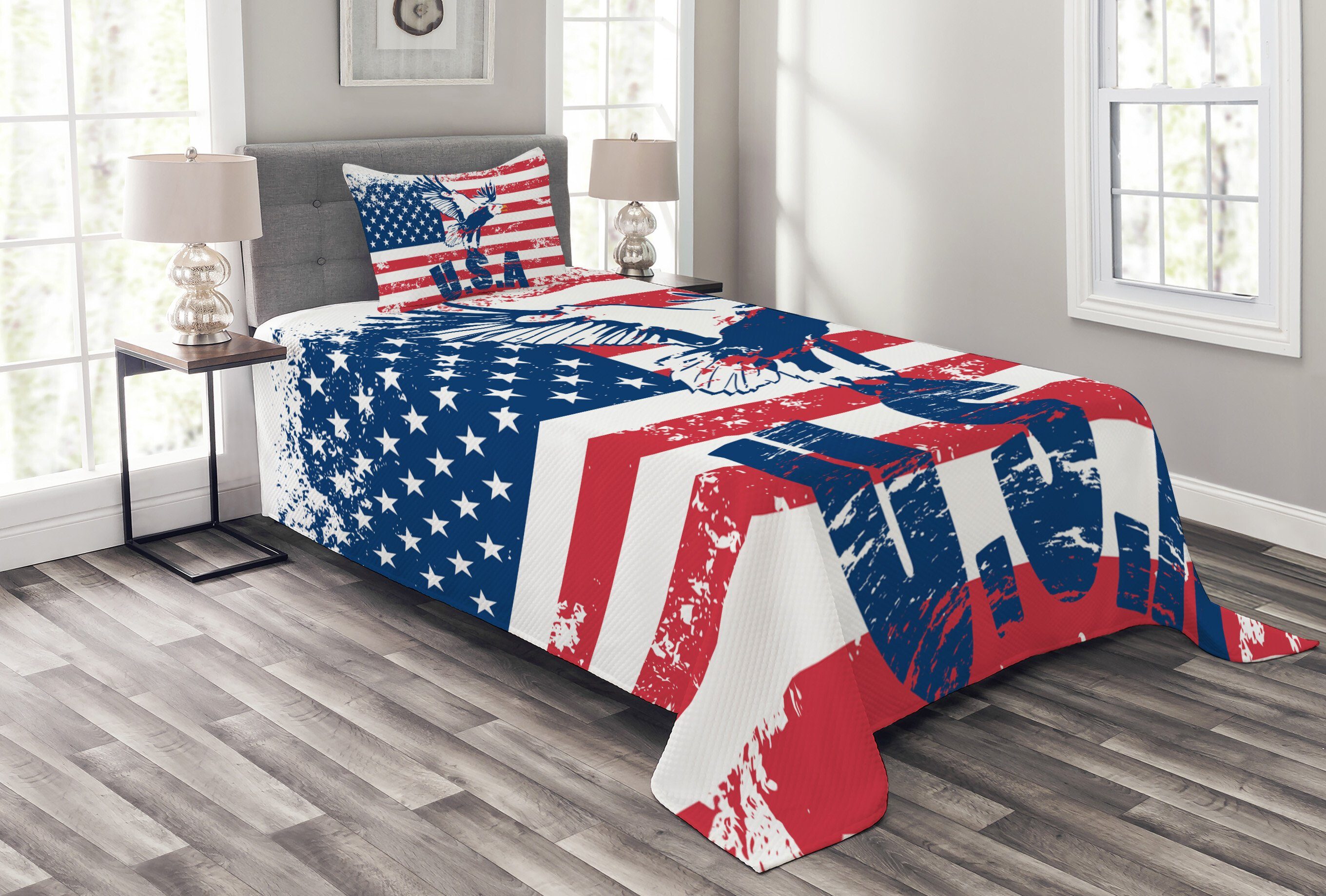 Tagesdecke Set mit Kissenbezügen Waschbar, Abakuhaus, Vereinigte Staaten Amerikanische Flagge