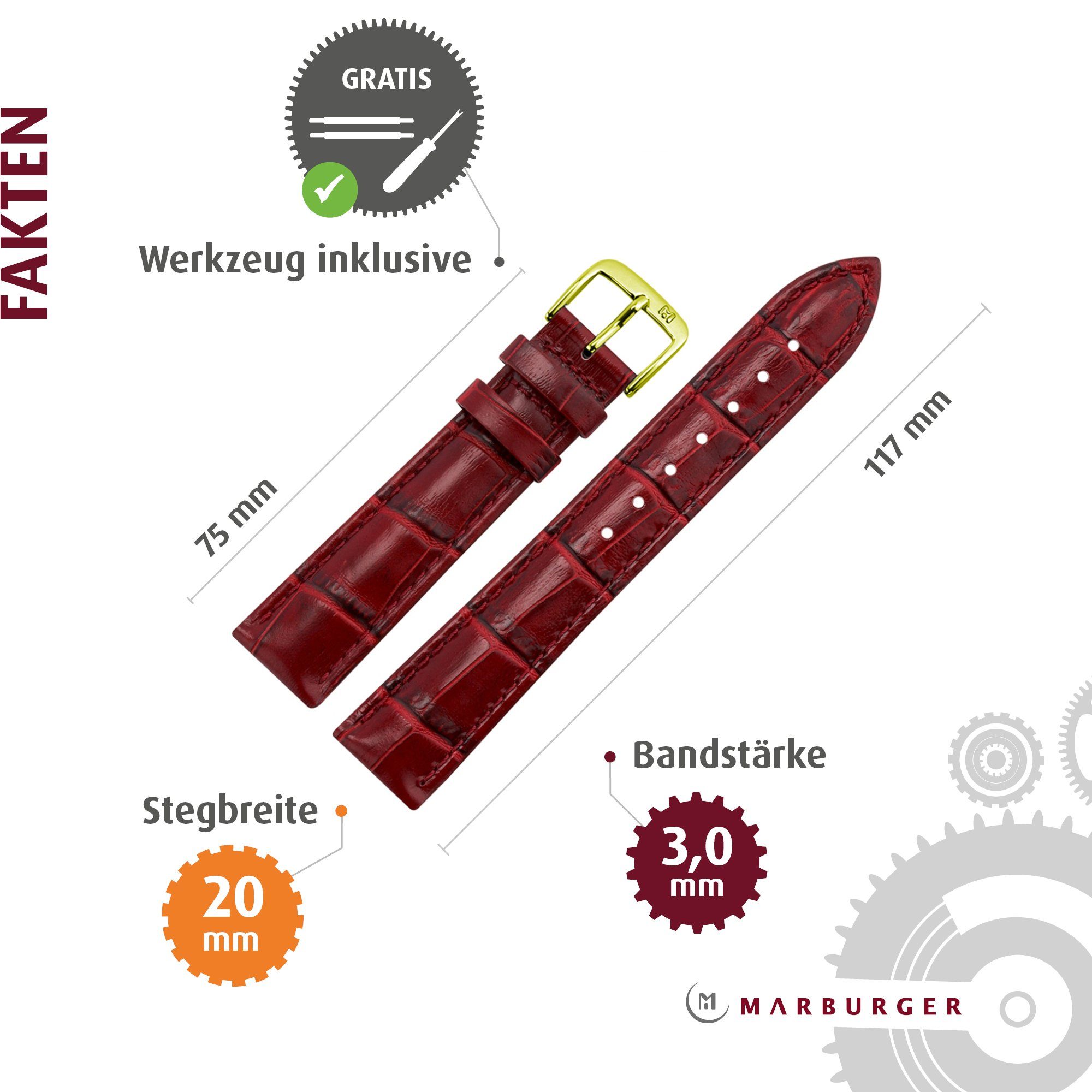 MARBURGER Uhrenarmband 20mm Leder Alligator Prägung