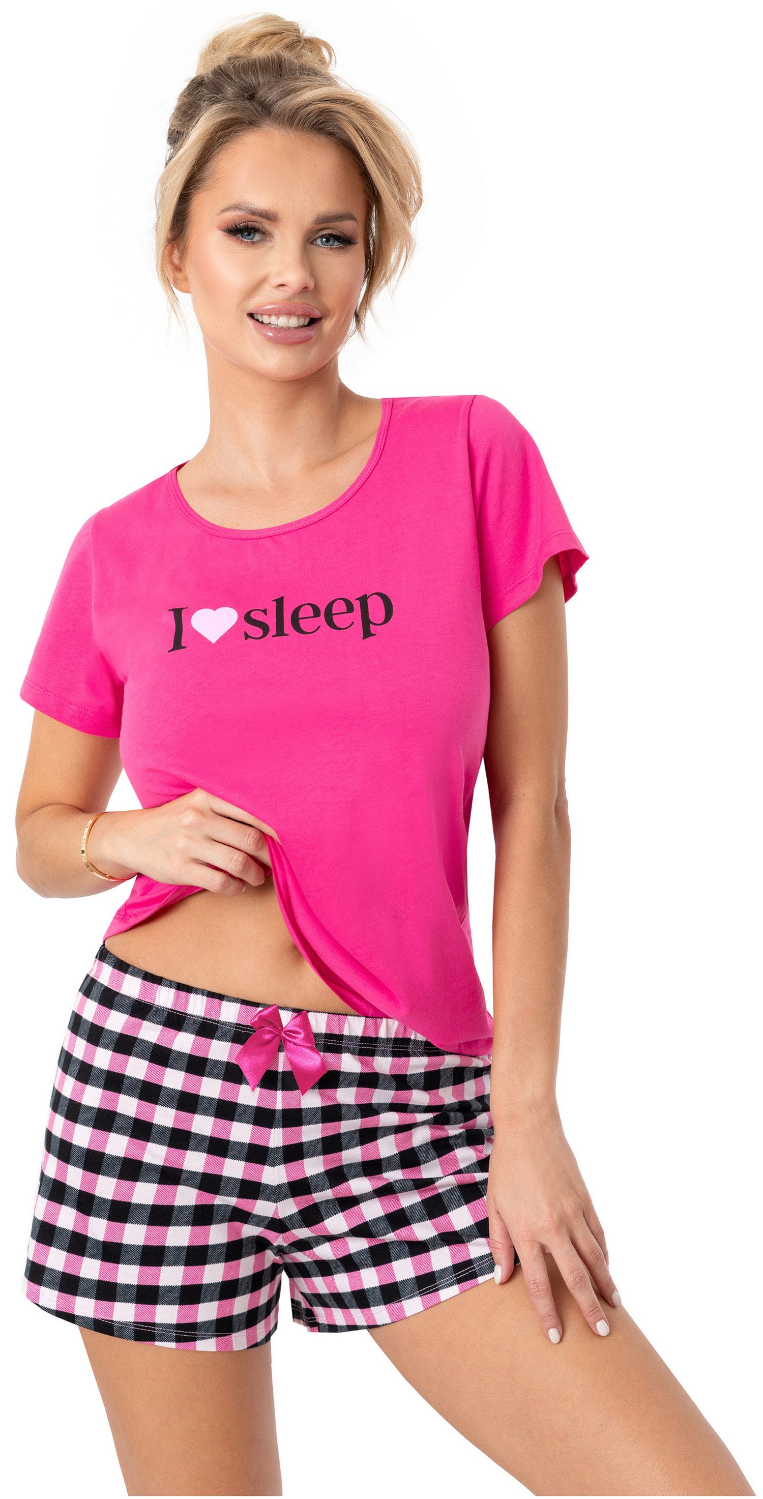 Donna Shorty Sleep (Set, 2 tlg., 2-teilig) Damen Pyjama 2-teilig Shorty Schlafanzug Karo Baumwolle