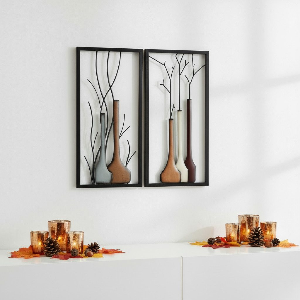 MF Wanddekoobjekt Wandbild Set Herbst Winter Vase 2 Teilig Handbemalt Metall Braun Beige (2 St)