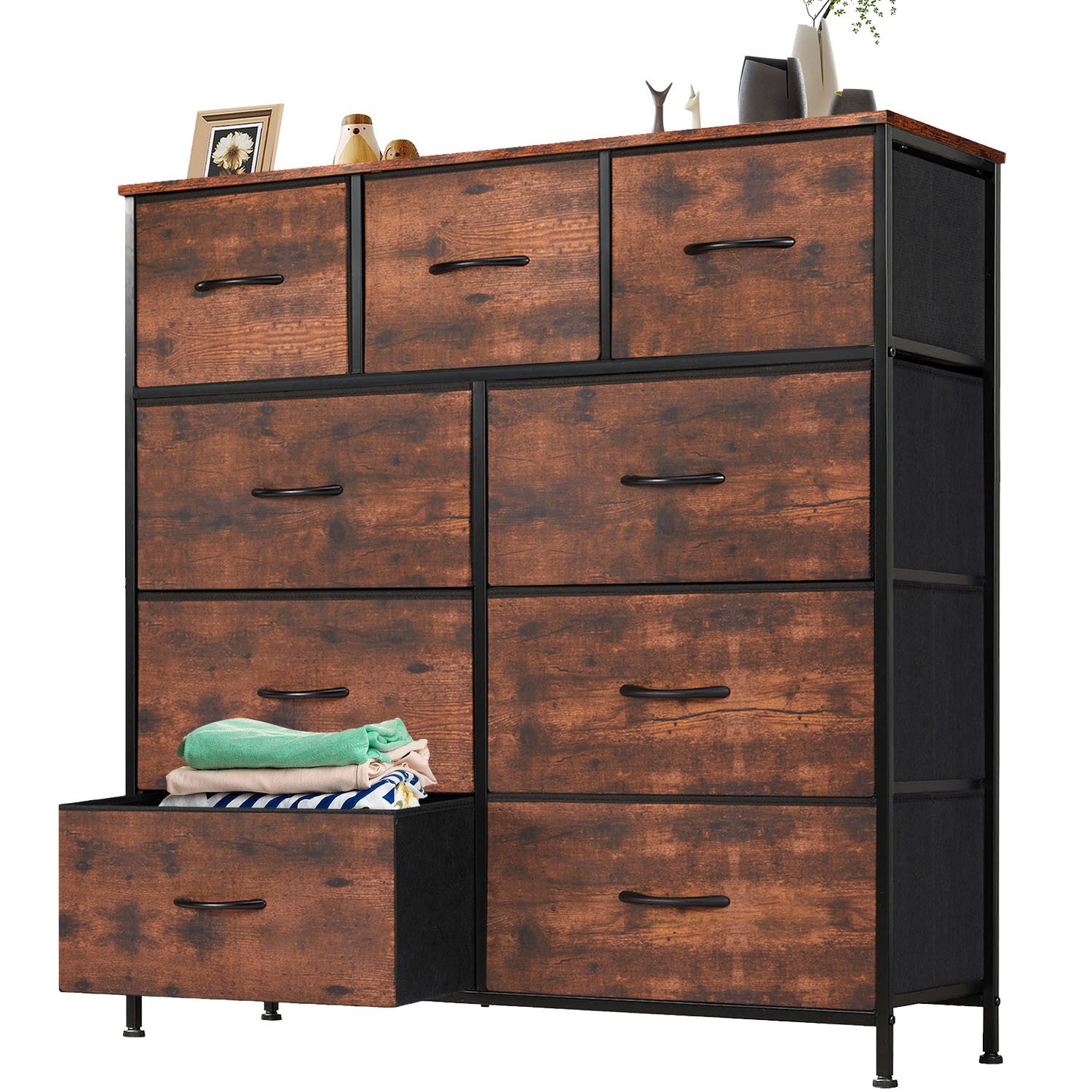 IDEASY Schubkastenkommode Schlafzimmerschrank-Organizer mit 9 Stoffschubladen, Frisiertisch (100×100×30cm rutschfester dreidimensionaler Kleiderschrank mit Griffen), Aufbewahrungskommode Flur Komode Komodenschrank Flurschrank