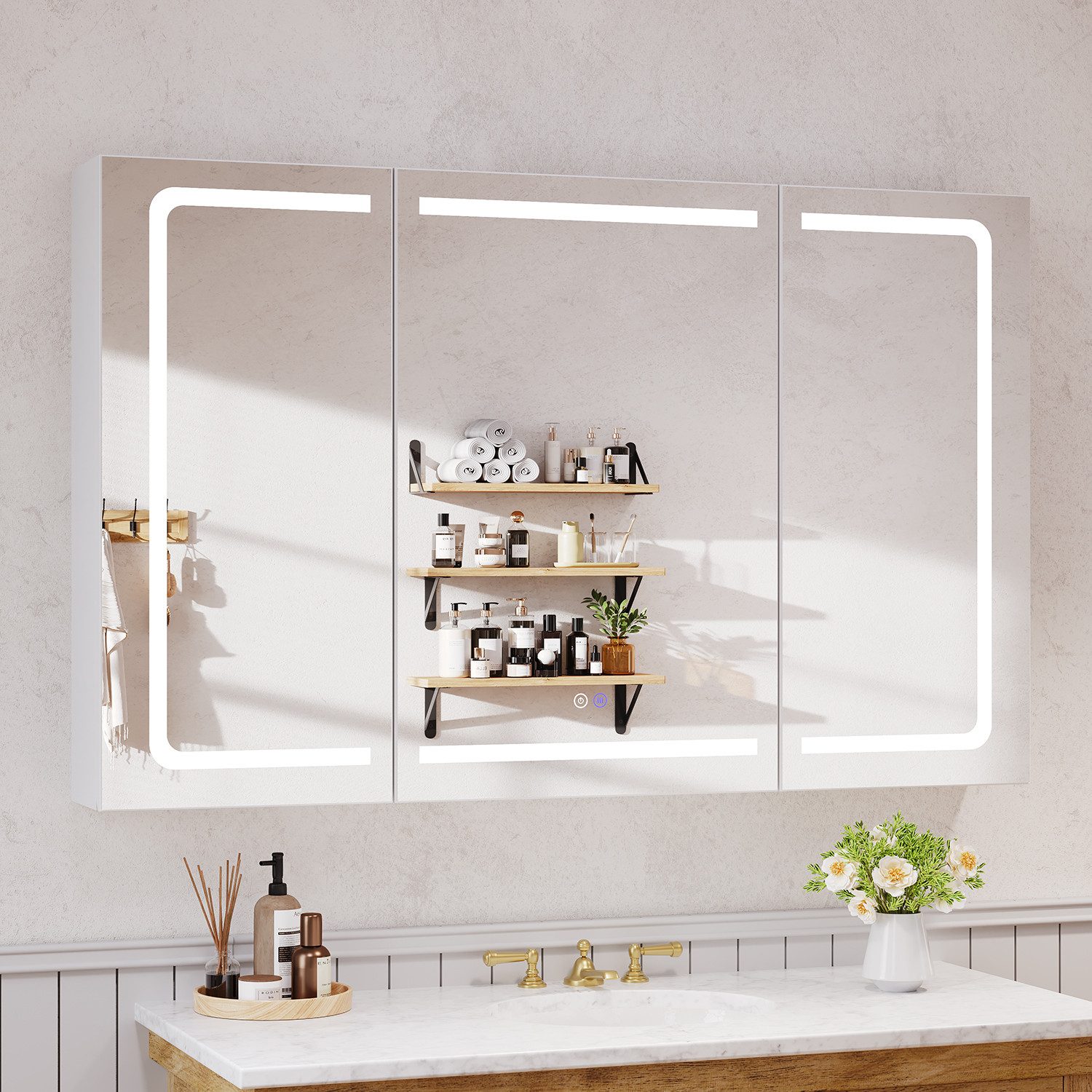 HOMALL Badezimmerspiegelschrank LED-3 Farbtemperaturen Spiegelschrank,Entnebelungsfunktion (mit Stecker, Touchschalter, Helligkeitsregelung,3 Türen Große Speich – Bild 3 von 5