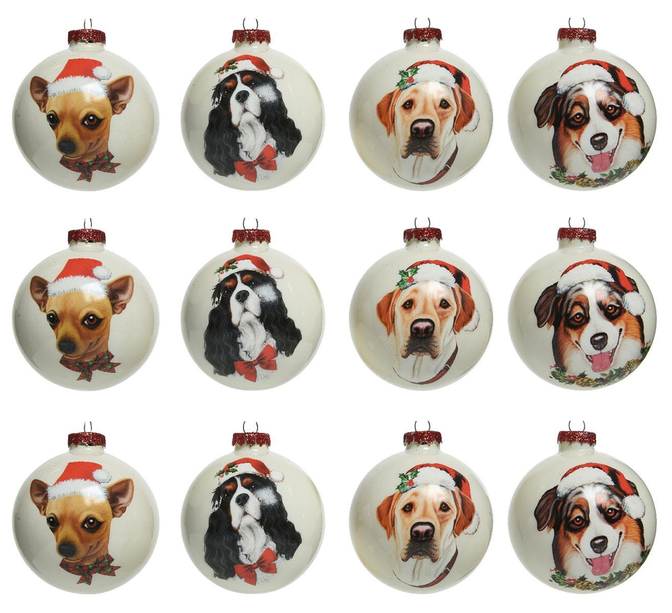 Decoris season decorations Weihnachtsbaumkugel, Weihnachtskugeln Glas 8cm mit Hunde Motiv 12er Set Wollweiß