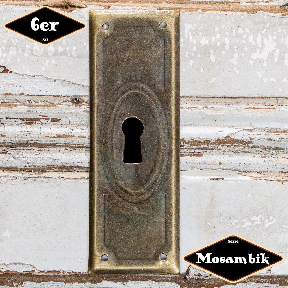Antikas Möbelbeschlag Schlüsselplatte,Serie "Mosambik",6er Pack, Eisen in Messing pat.