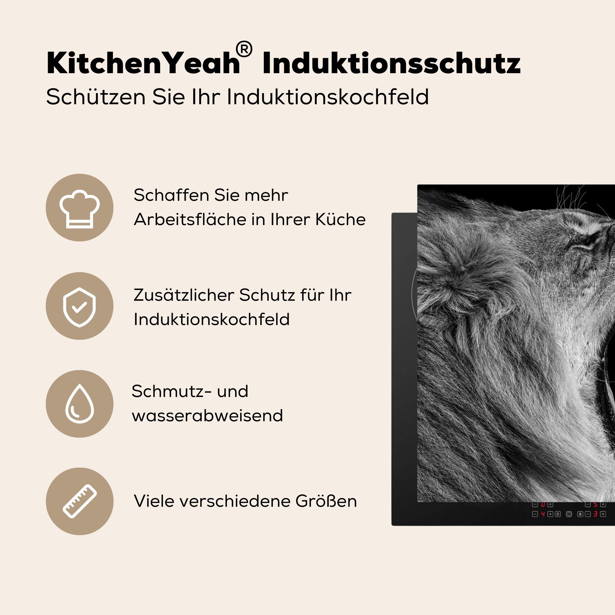 die 81x52 - Induktionskochfeld cm, Ceranfeldabdeckung für Schwarz Weiß - Vinyl, Schutz Porträt, küche, tlg), (1 MuchoWow Löwe - Herdblende-/Abdeckplatte Tiere -