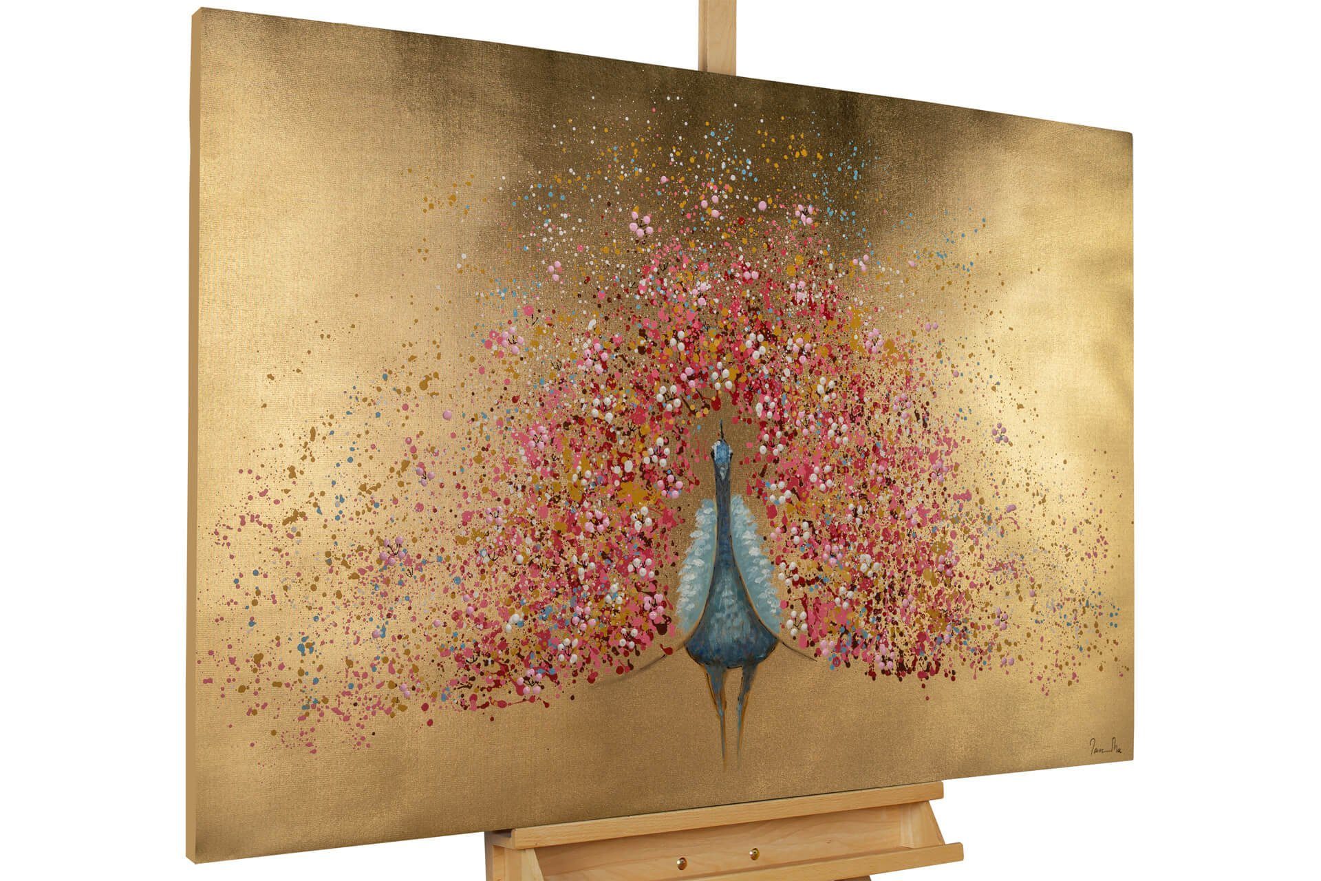 KUNSTLOFT Картина Goldener Blütenpfau 120x80 cm, Leinwandbild 100% HANDGEMALT Wandbild Wohnzimmer