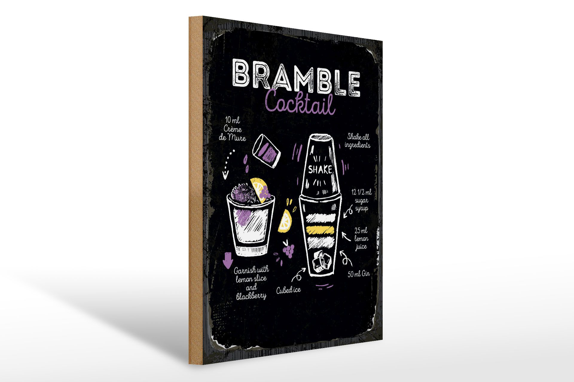 Holzbild Rezept Bramble Cocktail Recipe 30x40cm