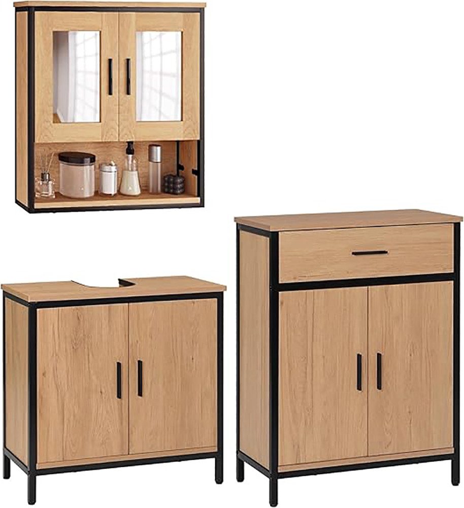 EUGAD Badmöbel-Set, (3-St), mit 2 Spiegeln, aus Holzwerkstoff, Helle Eiche+Schwarz