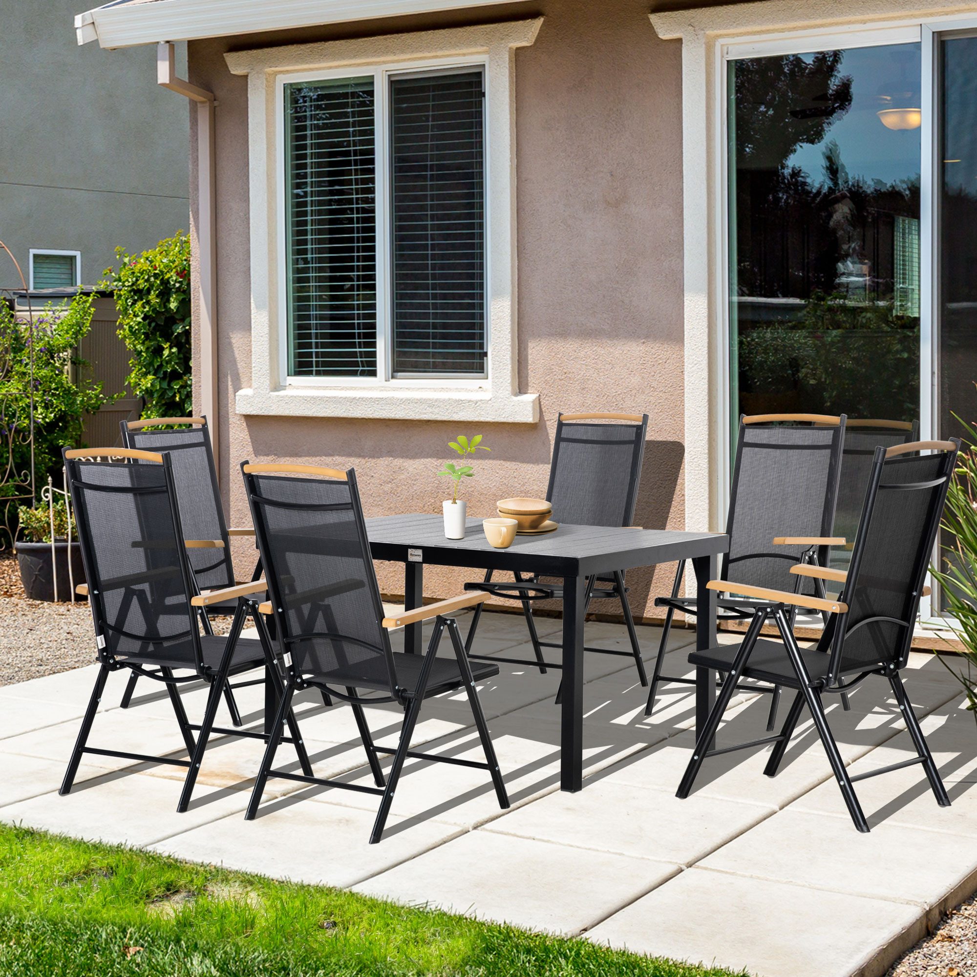 Outsunny Garten-Essgruppe Sitzgruppe klappbar 7tlg. 1 Tisch+6 Stühle Gartenmöbel Set, (Balkonmöbel, 7-tlg., Balkonset), Schwarz 140L x 90B x 74H cm