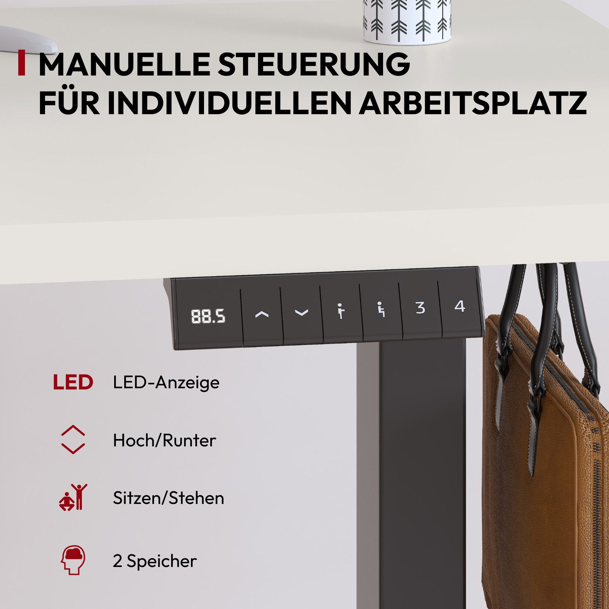 SANODESK Schreibtisch Elektrisch höhenverstellbarer Schreibtisch, Sitz-Steh-Tisch (Anti-Kollisionssystem, Ergonomischer Steh-Sitz Tisch mit Memory-Funktion, MAX.Load 100kg), mit Getränkehalter, Box, Haken & Kabelmanager, 120/140/160 *60 cm