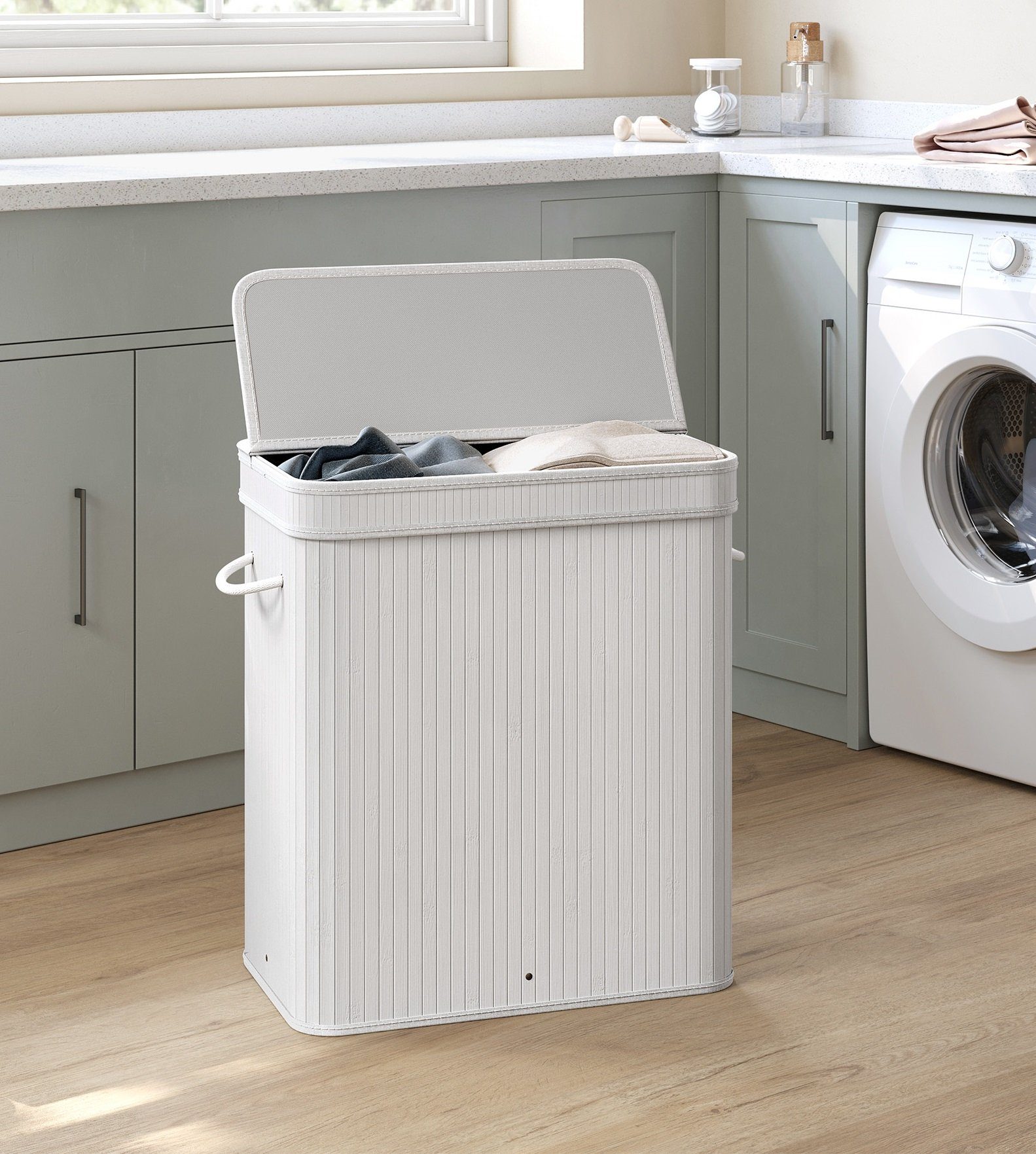 SONGMICS Wäschekorb, mit Deckel, Bambus, herausnehmbar, mit Griffen, 100 Li günstig online kaufen