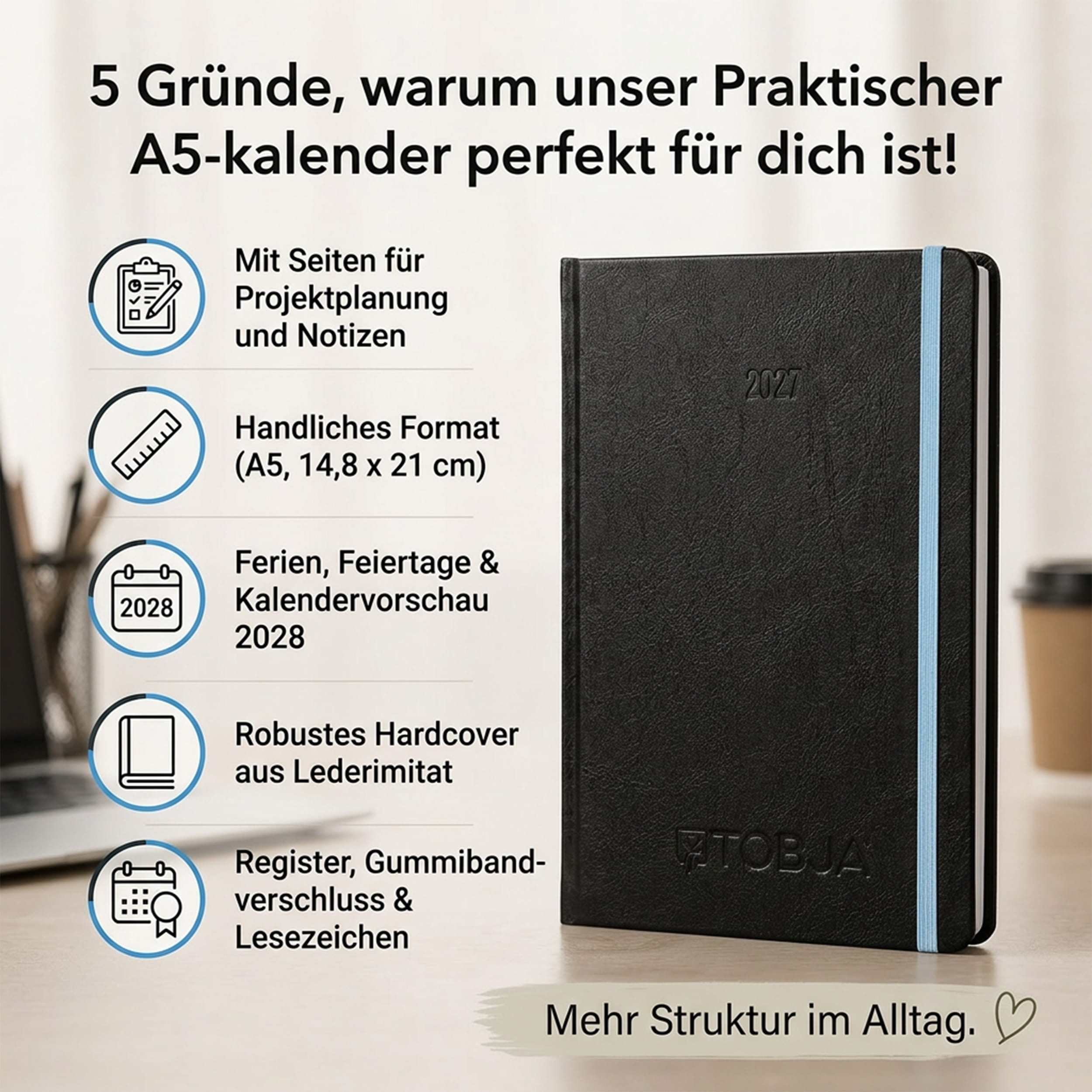TOBJA Buchkalender Buchkalender 2027 A5 Nero Blau Hardcover Halbstunden 1 Woche 2 Seiten, Halbstunden-Taktung, FSC-Papier, Hardcover, Griffregister – Bild 2 von 5
