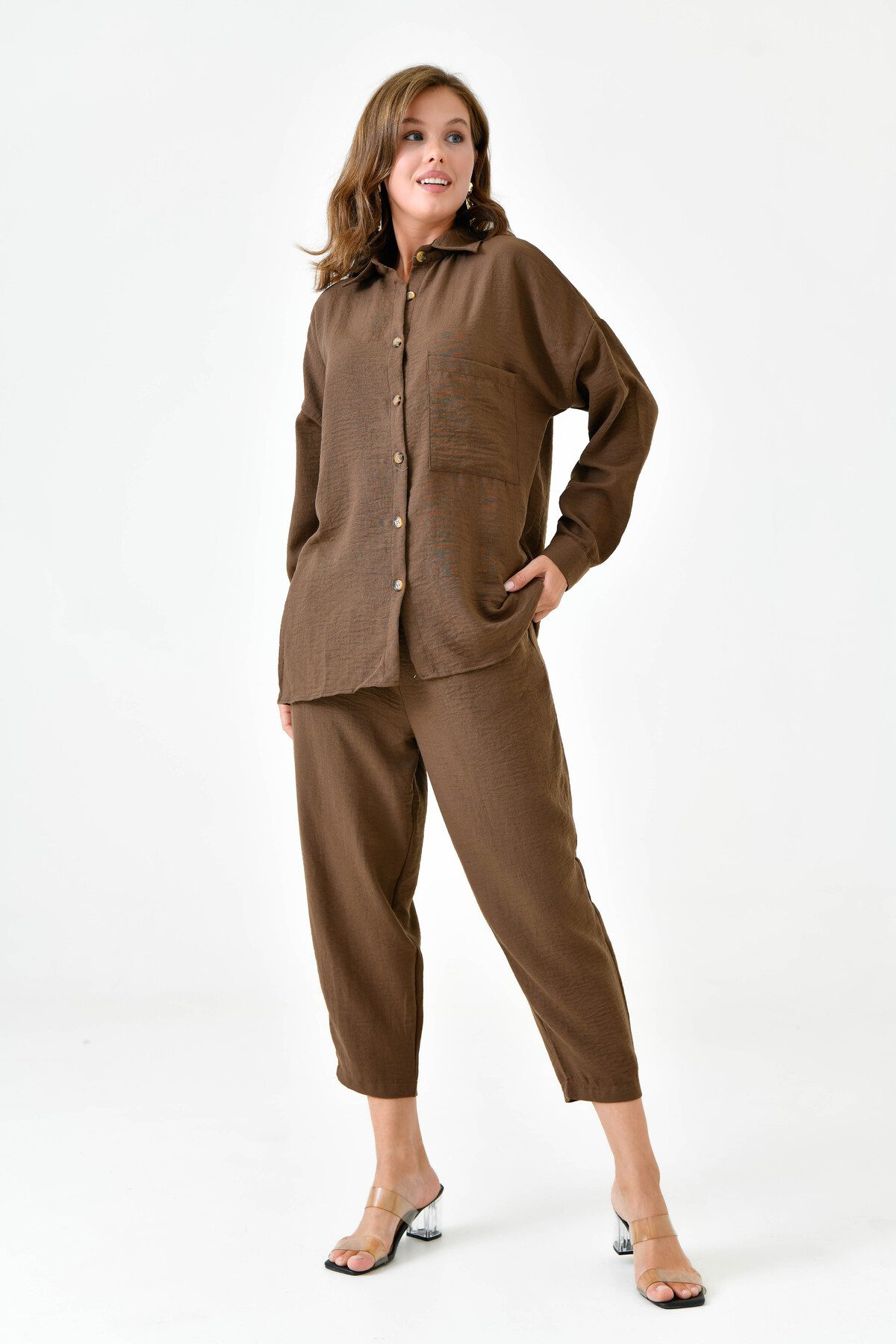 Blusentop Zweiteiliges Oversize-Set aus Hemd und Hose mit einer Tasche