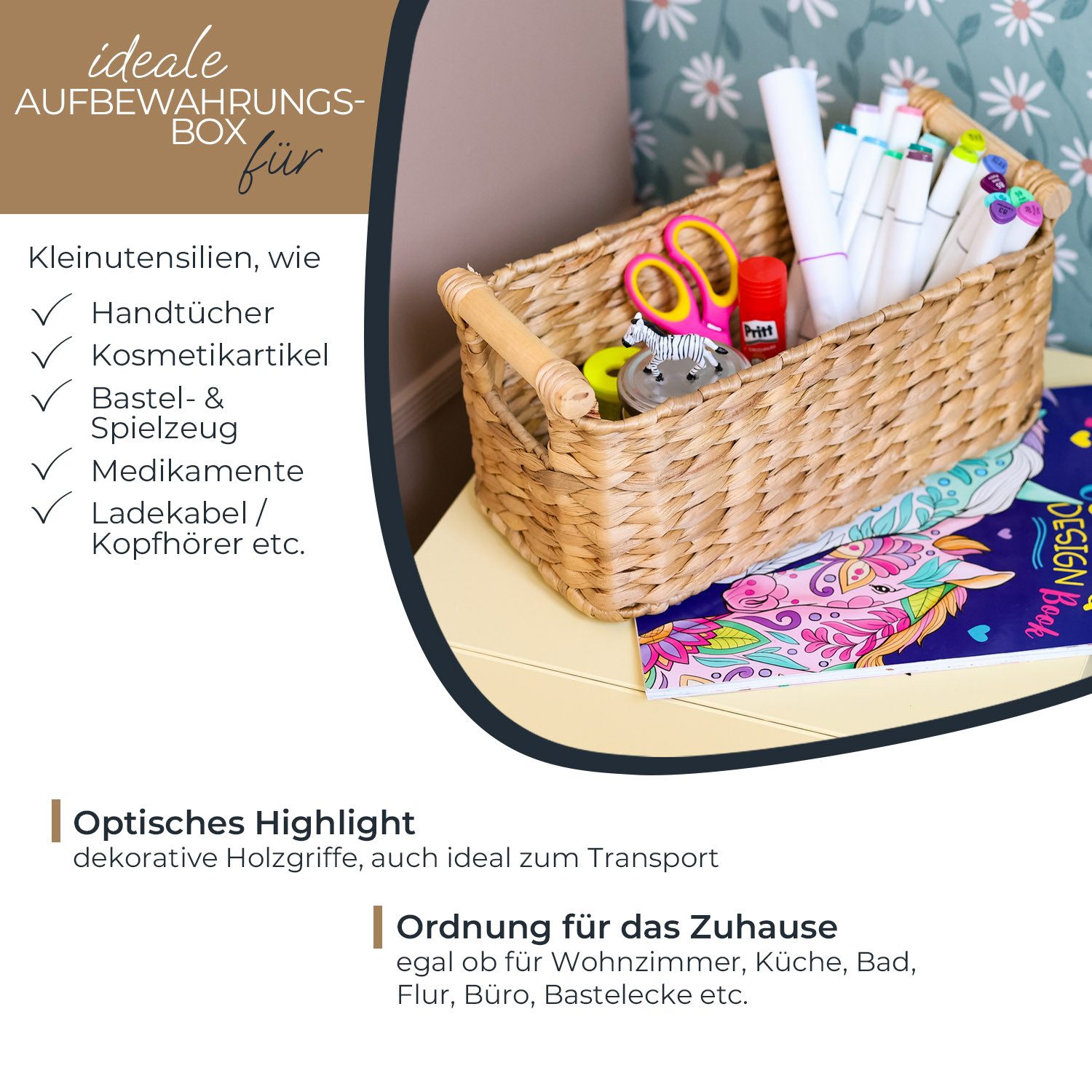 HMF Aufbewahrungskorb Aufbewahrungskorb mit Holzgriffen, Badezimmer Korb (1 St), aus Wasserhyazinthe Seegras handgefertigter Flechtkorb 30 x 15 x 13 cm