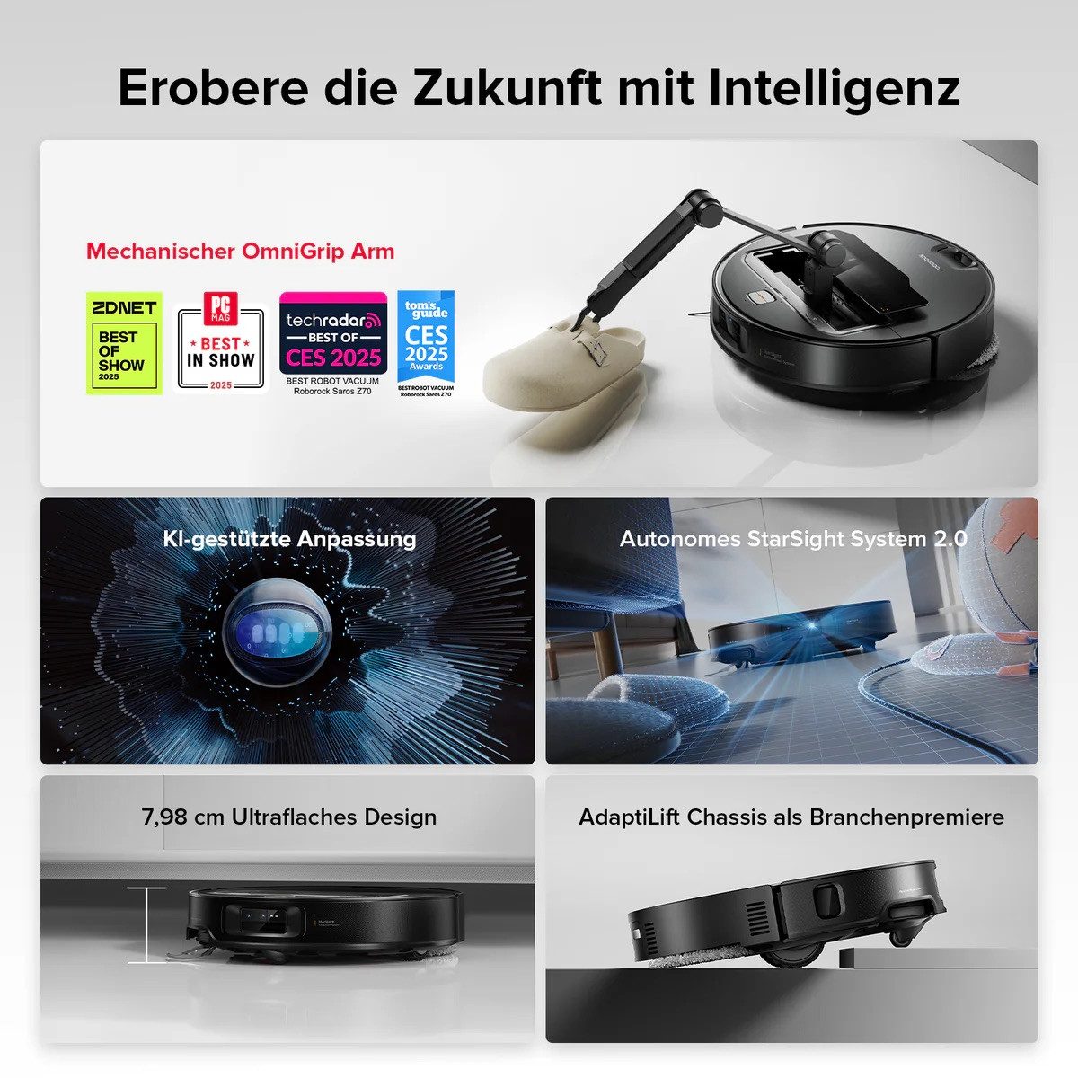 Roborock Nass-Trocken-Saugroboter Roborock Saros Z70 Staubsaugerroboter mit OmniGrip™ Arm silber, Beutellos 0,18 l, Saugen und Wischen in einem Arbeitsgang