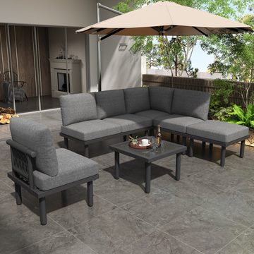 DOPWii Loungeset 6er,Garten Lounge Set mit Rahmen aus verzinktem Eisen,Gartenmöbel-Set, Verstellbare Füße,Inklusive Sitz- und Rückenkissen,Beige/Grau