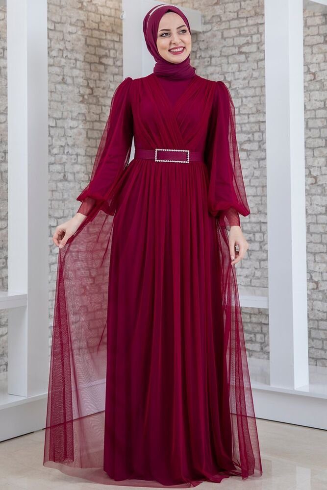 Modavitrini Abendkleid Damen Tüllkleid Abiye Abaya Hijab Kleid langärmliges Maxikleid mit Gürtel Rotviolett