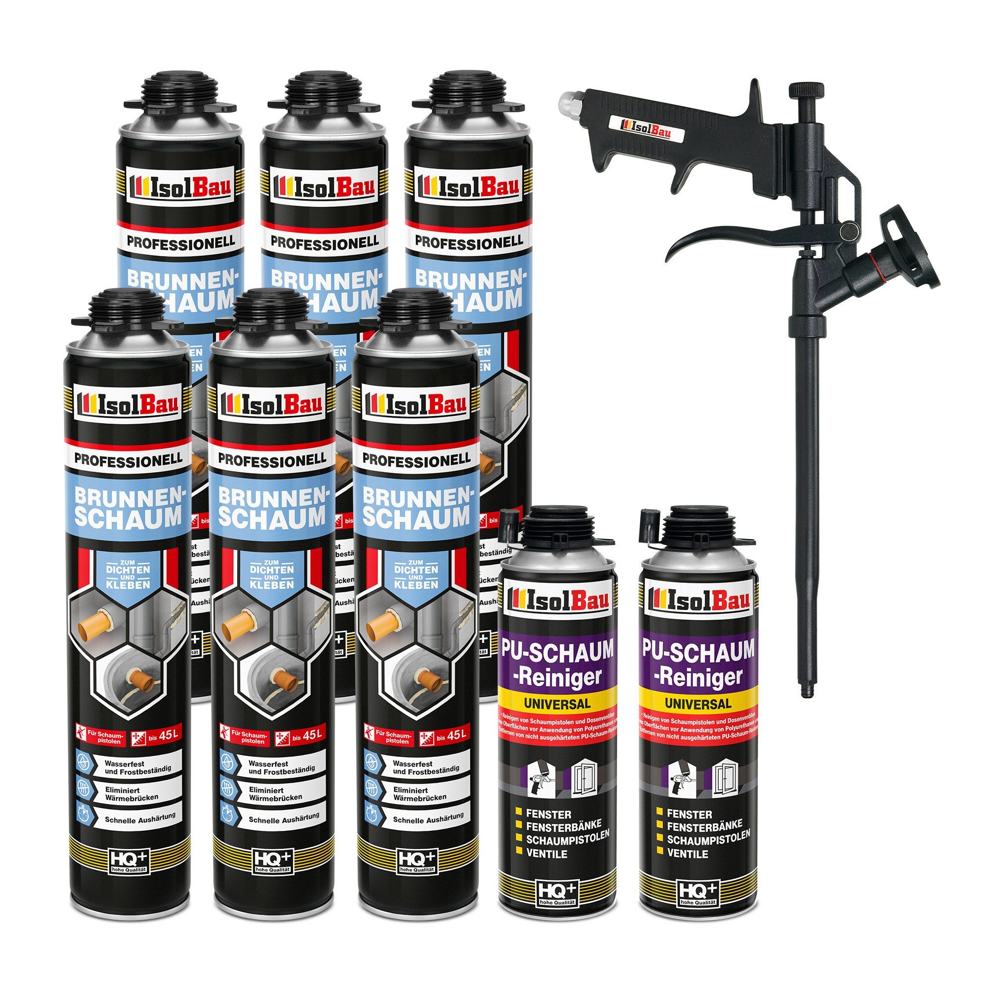 None Montagekleber Isolbau SET Brunnenschaum Dämmschaum Bauschaum PU-Schaum 6 x 750 ml, Montageschaum 750 ml, 2 x PU-Schaum-Reiniger & 1 x Schaumpistole